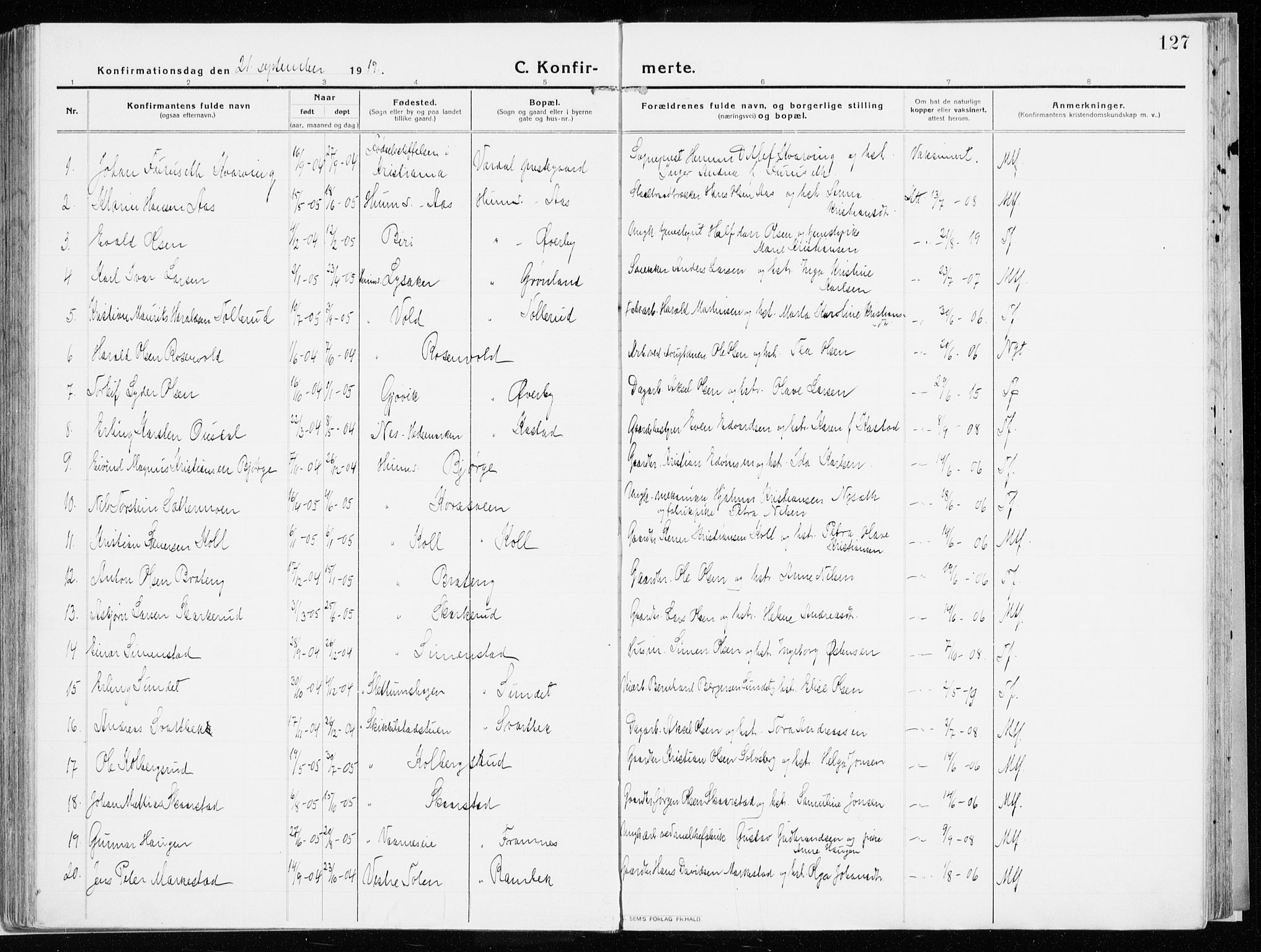 Vardal prestekontor, SAH/PREST-100/H/Ha/Haa/L0017: Parish register (official) no. 17, 1915-1929, p. 127
