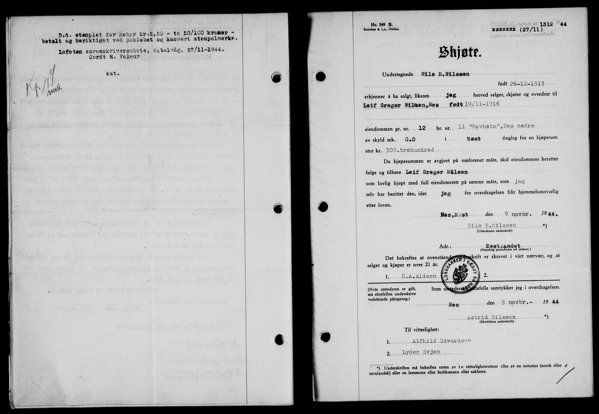 Lofoten sorenskriveri, SAT/A-0017/1/2/2C/L0012a: Mortgage book no. 12a, 1943-1944, Diary no: : 1312/1944