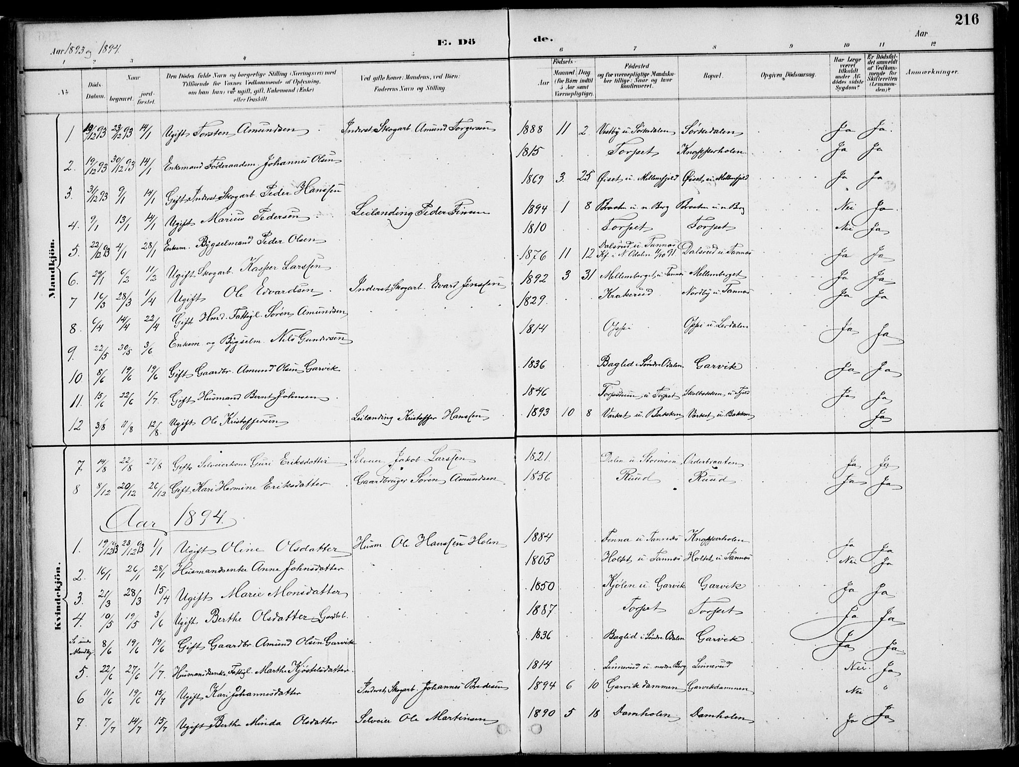 Nord-Odal prestekontor, SAH/PREST-032/H/Ha/Haa/L0008: Parish register (official) no. 8, 1886-1901, p. 216