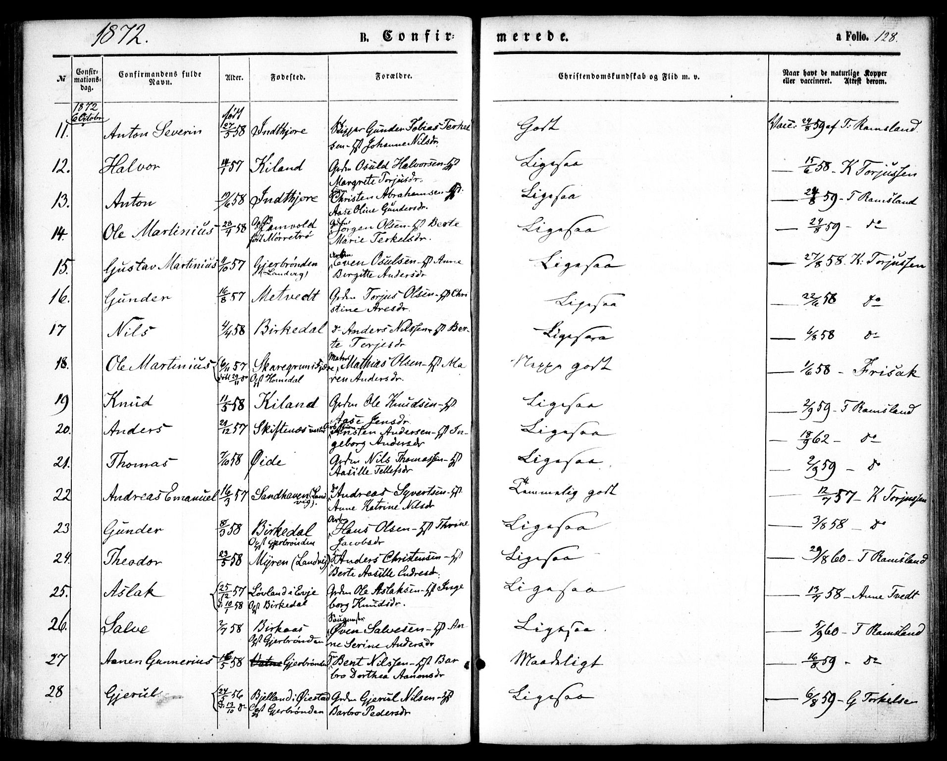 Hommedal sokneprestkontor, SAK/1111-0023/F/Fa/Fab/L0005: Parish register (official) no. A 5, 1861-1877, p. 128