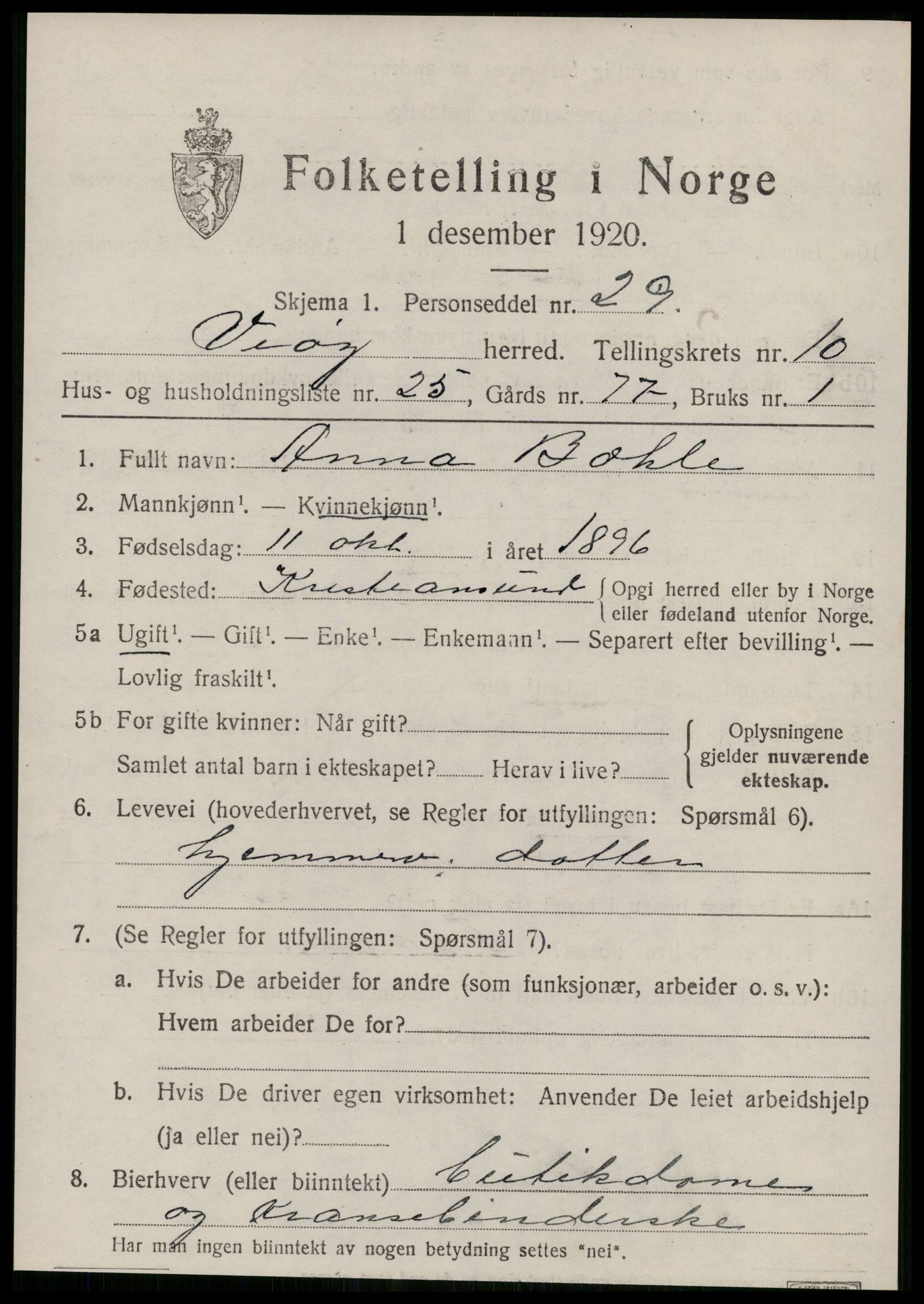 SAT, 1920 census for Veøy, 1920, p. 5113