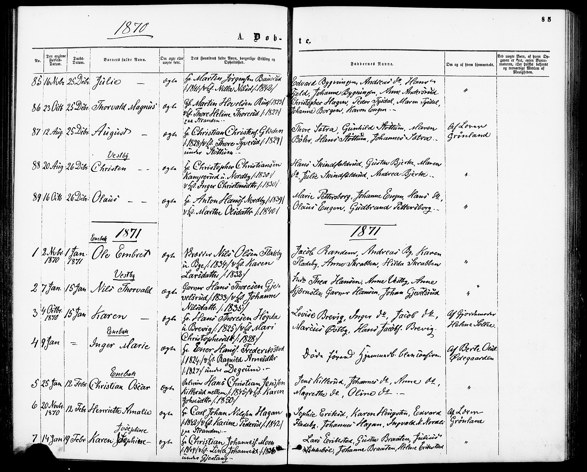 Enebakk prestekontor Kirkebøker, SAO/A-10171c/F/Fa/L0011: Parish register (official) no. I 11, 1862-1882, p. 85