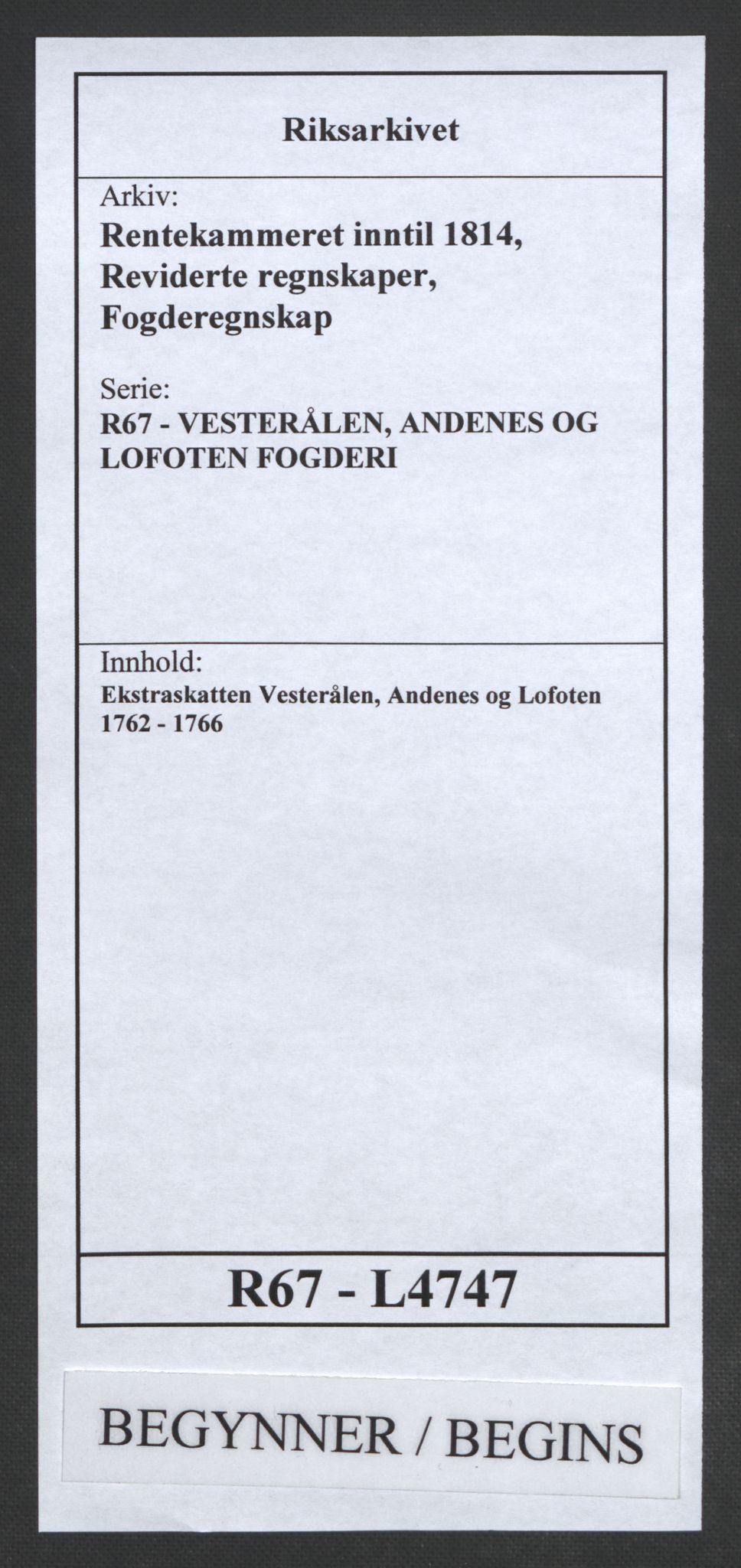 Rentekammeret inntil 1814, Reviderte regnskaper, Fogderegnskap, RA/EA-4092/R67/L4747: Ekstraskatten Vesterålen, Andenes og Lofoten, 1762-1766, p. 1