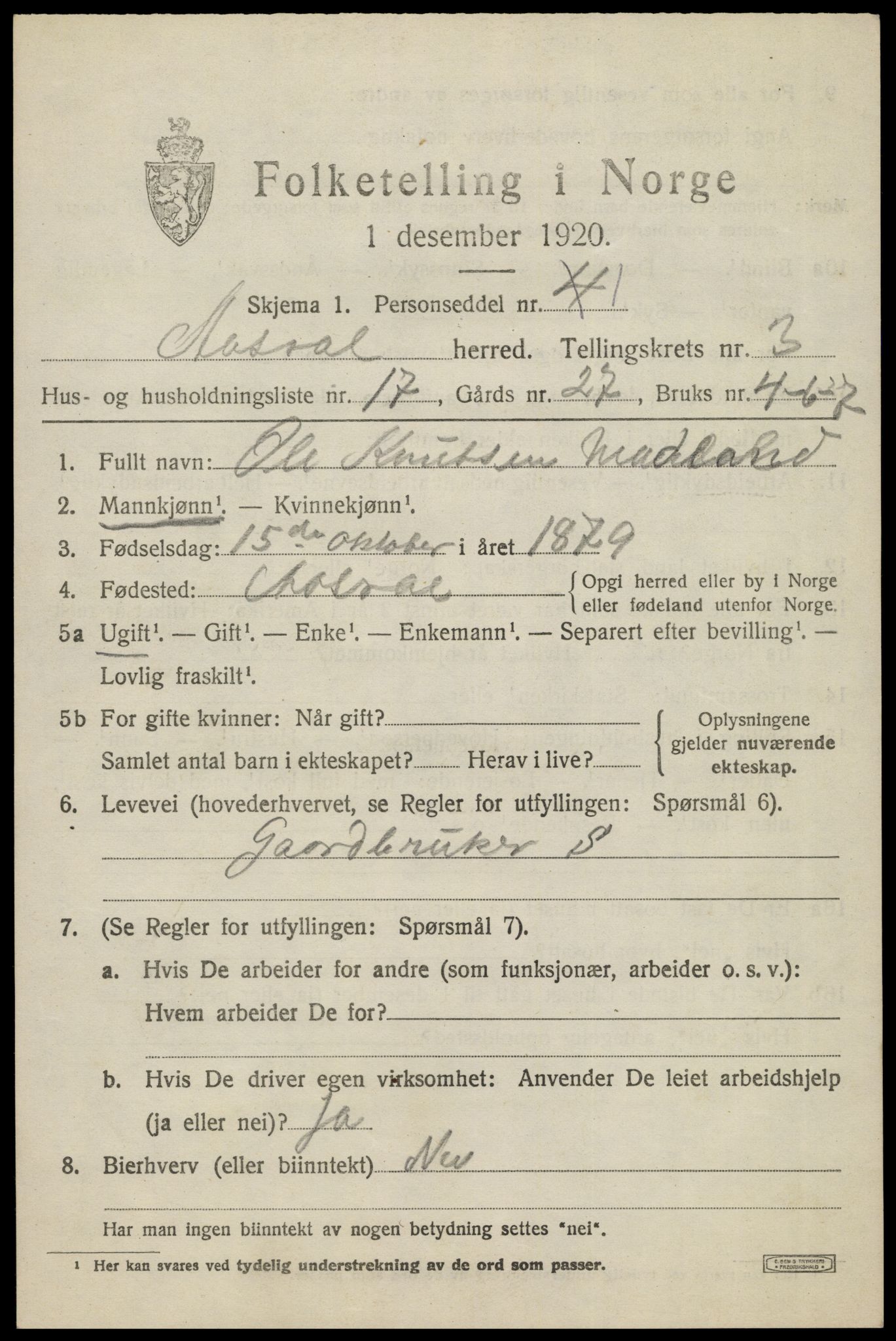 SAK, 1920 census for Åseral, 1920, p. 1146