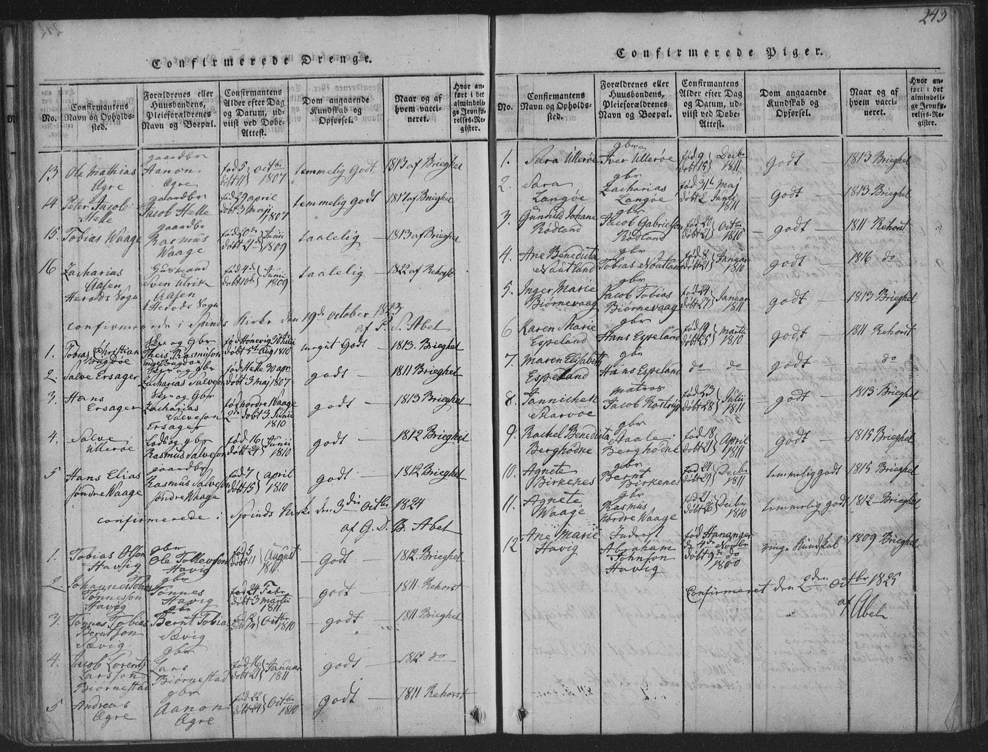 Herad sokneprestkontor, SAK/1111-0018/F/Fa/Fab/L0002: Parish register (official) no. A 2, 1816-1844, p. 243