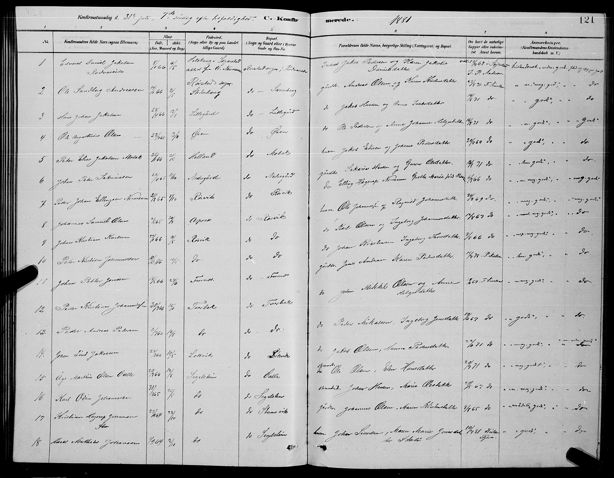 Ministerialprotokoller, klokkerbøker og fødselsregistre - Nordland, AV/SAT-A-1459/853/L0776: Parish register (copy) no. 853C04, 1878-1889, p. 121