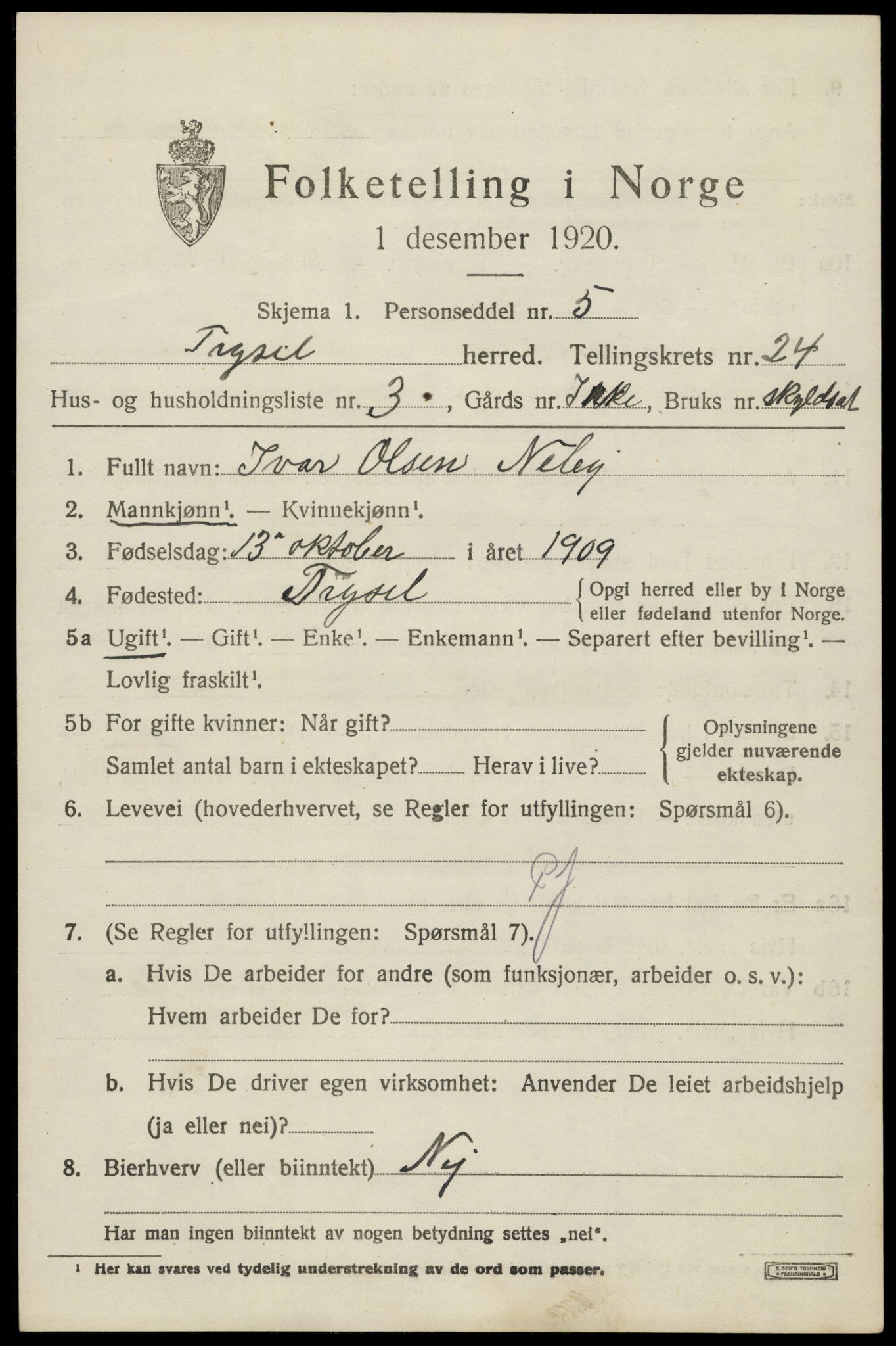 SAH, 1920 census for Trysil, 1920, p. 15241