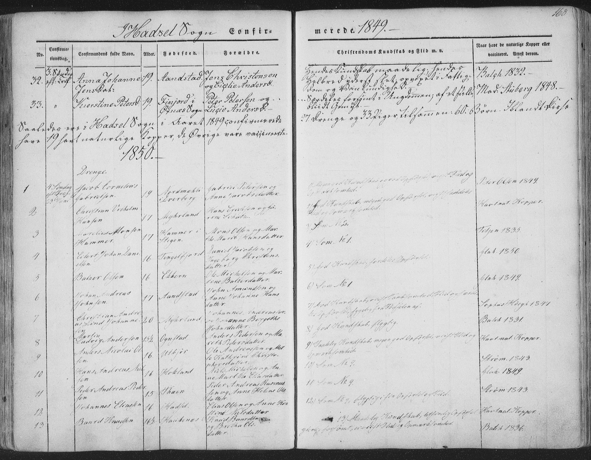 Ministerialprotokoller, klokkerbøker og fødselsregistre - Nordland, AV/SAT-A-1459/888/L1241: Parish register (official) no. 888A07, 1849-1869, p. 168