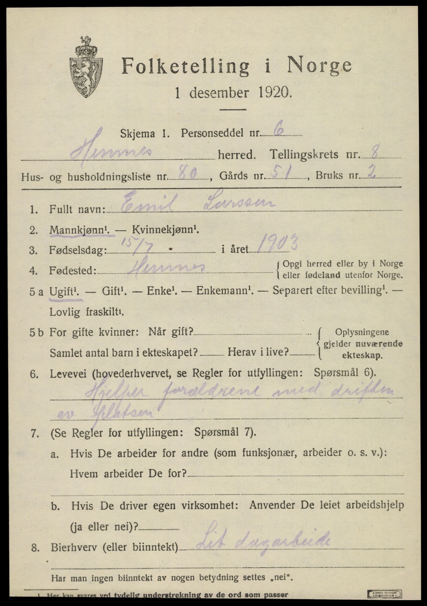 SAT, 1920 census for Hemnes, 1920, p. 8334