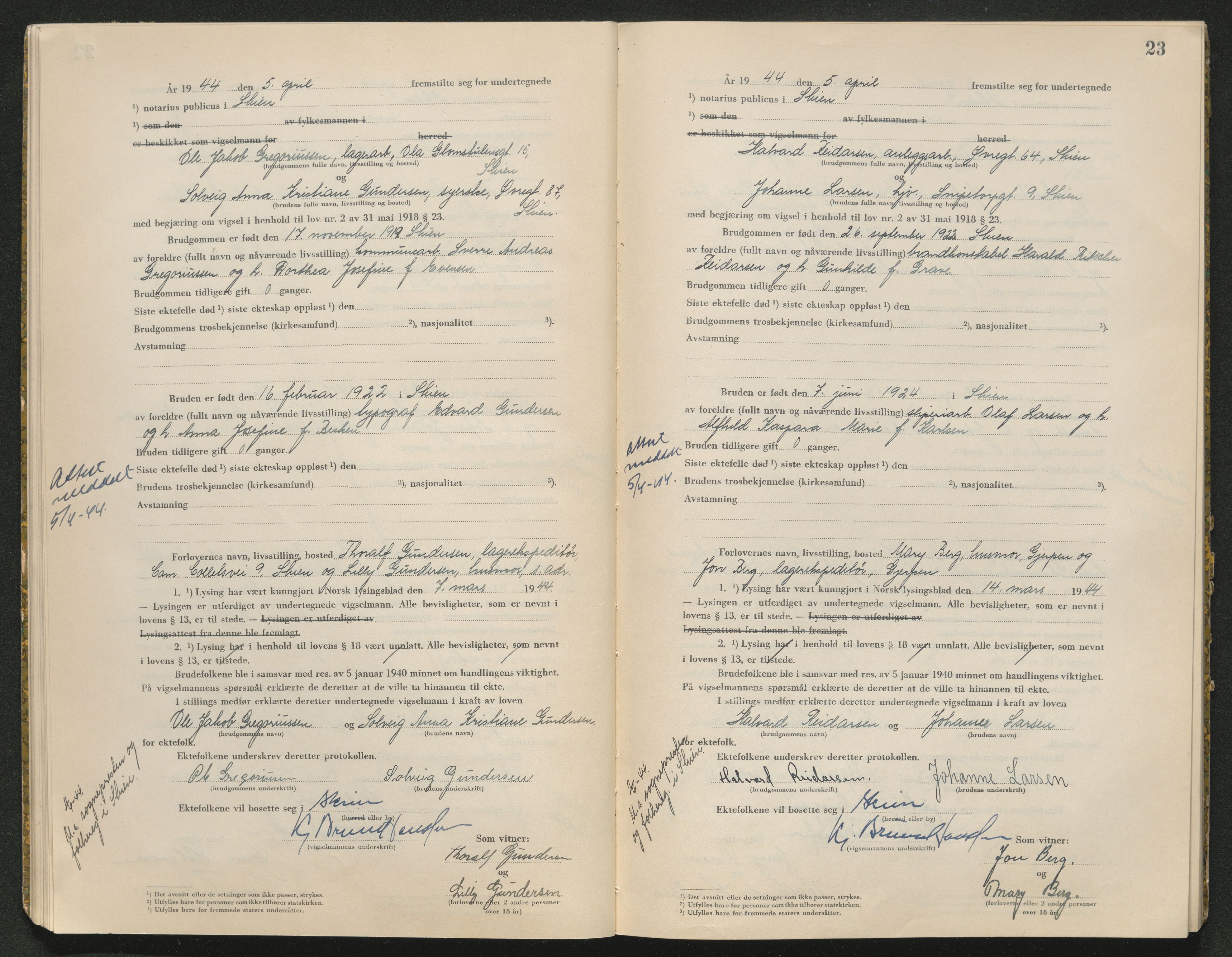 Skien sorenskriveri, AV/SAKO-A-225/L/La/L0001: Vigselsprotokoll, 1920-1947, p. 23