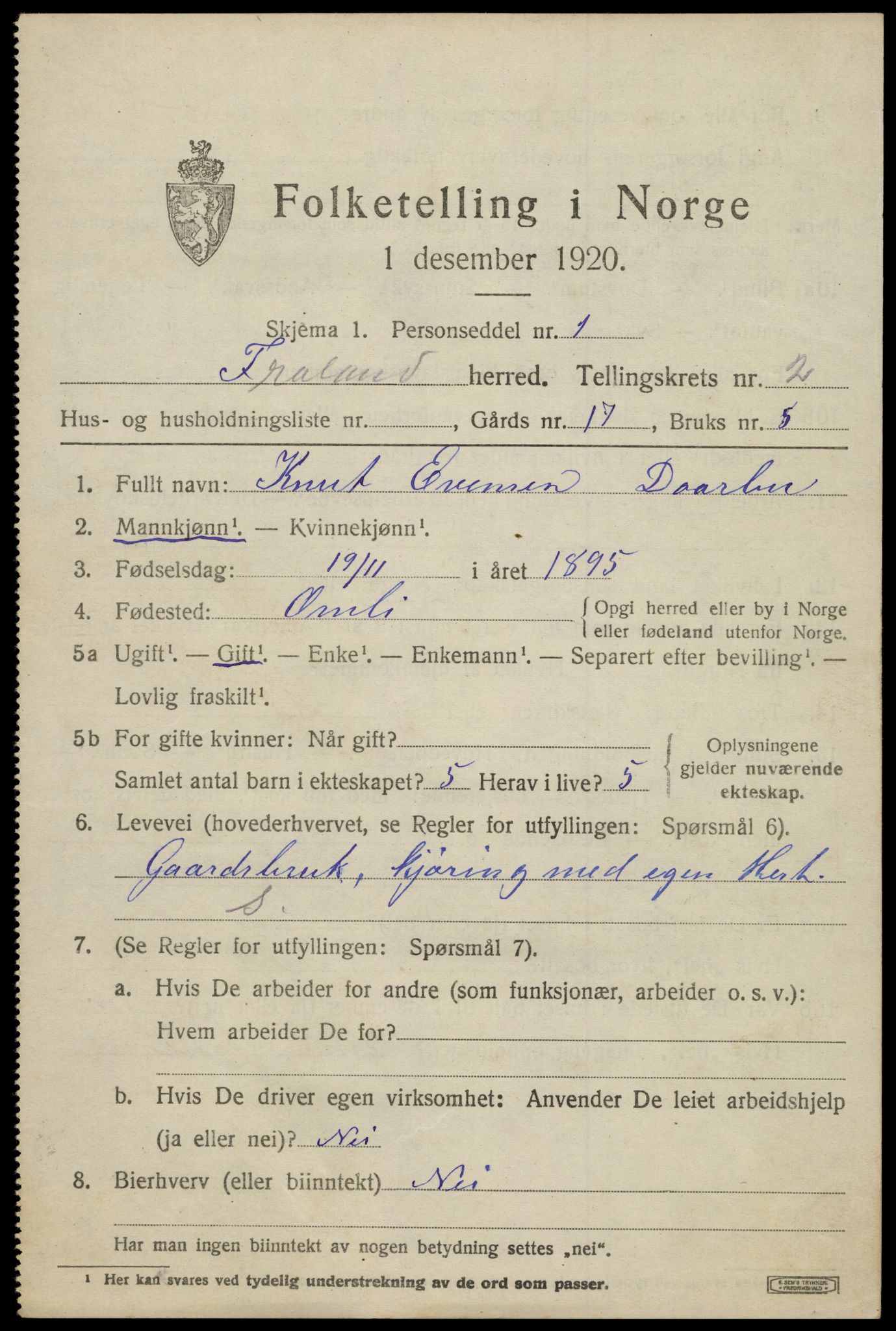 SAK, 1920 census for Froland, 1920, p. 1869