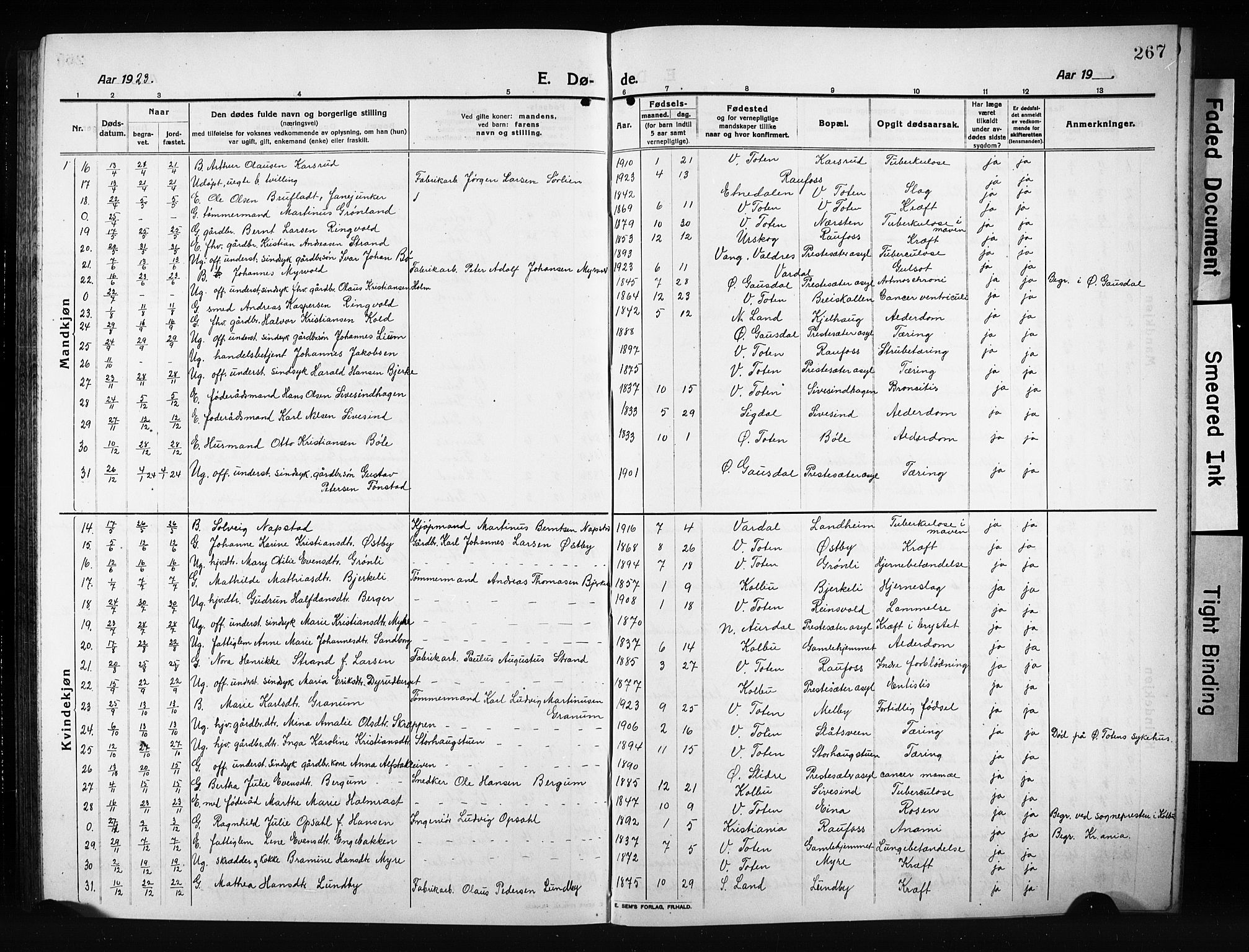 Vestre Toten prestekontor, SAH/PREST-108/H/Ha/Hab/L0012: Parish register (copy) no. 12, 1909-1928, p. 267