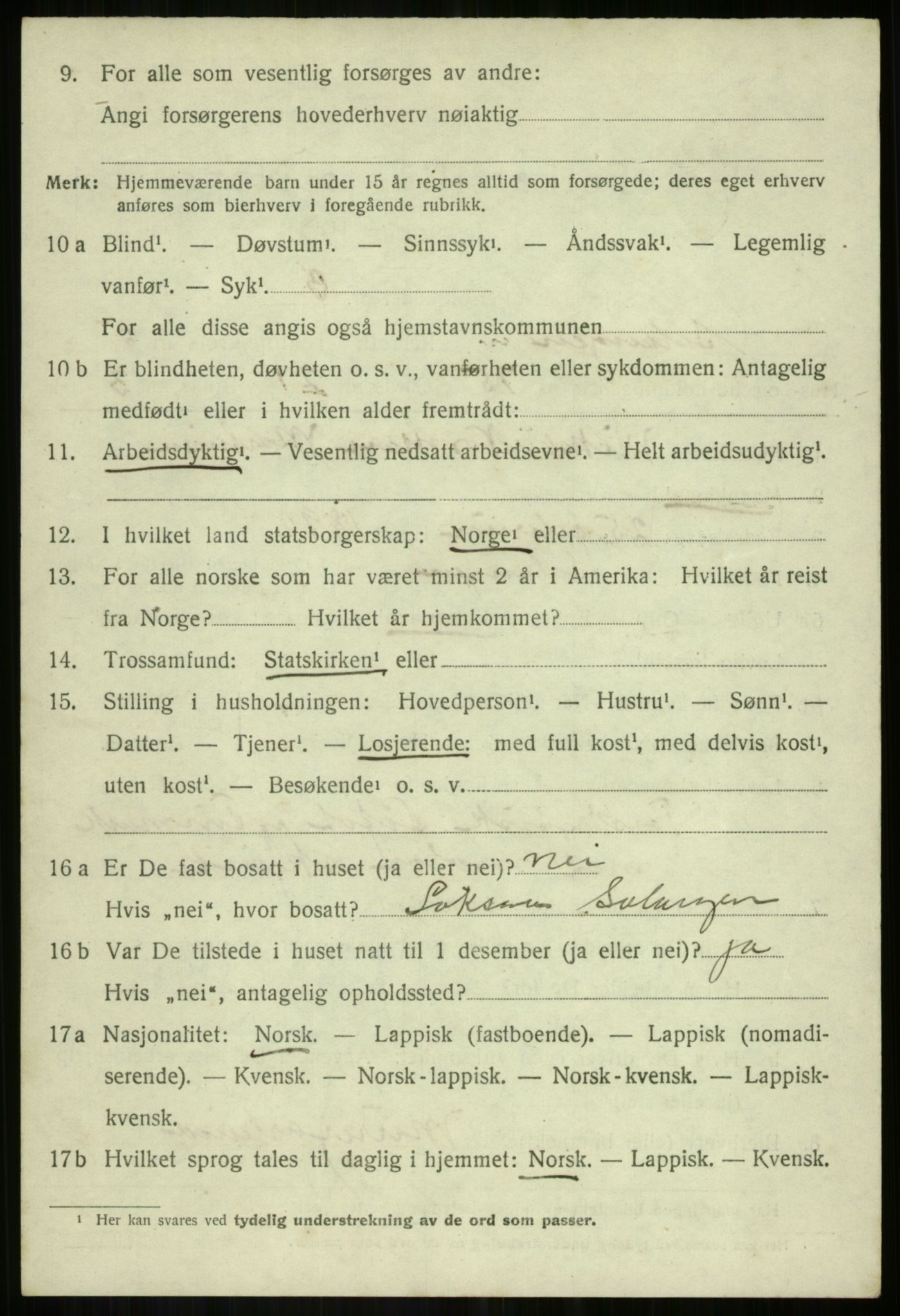 SATØ, 1920 census for Salangen, 1920, p. 4261