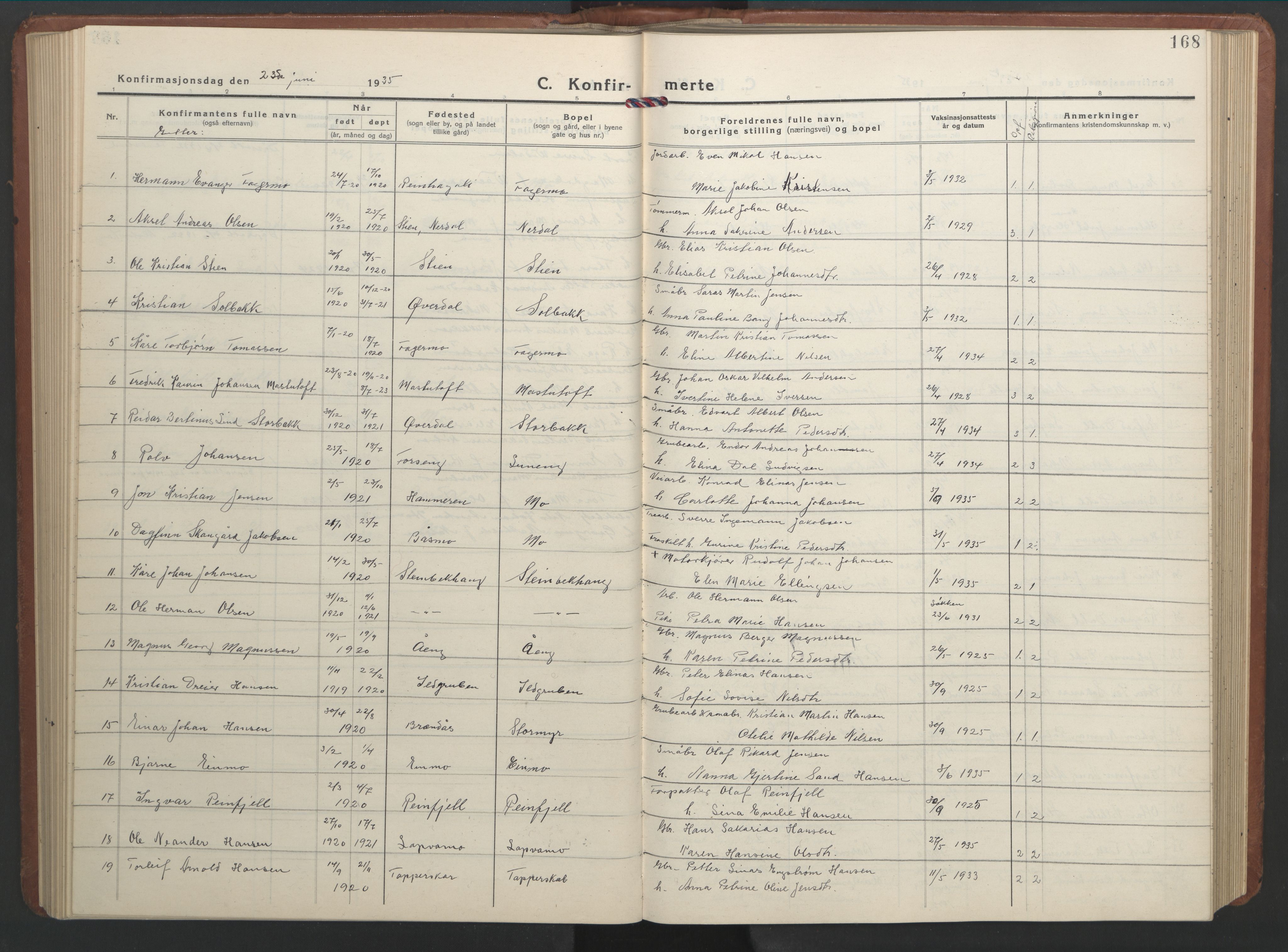Ministerialprotokoller, klokkerbøker og fødselsregistre - Nordland, SAT/A-1459/827/L0425: Parish register (copy) no. 827C14, 1931-1946, p. 168