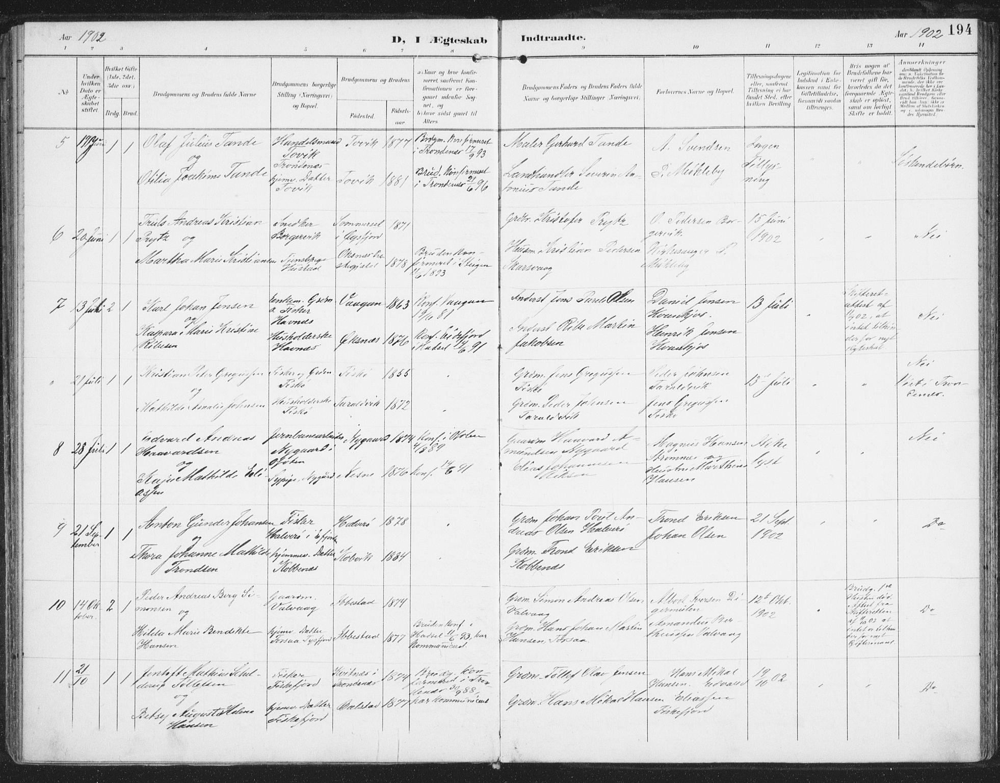 Ministerialprotokoller, klokkerbøker og fødselsregistre - Nordland, AV/SAT-A-1459/872/L1036: Parish register (official) no. 872A11, 1897-1913, p. 194