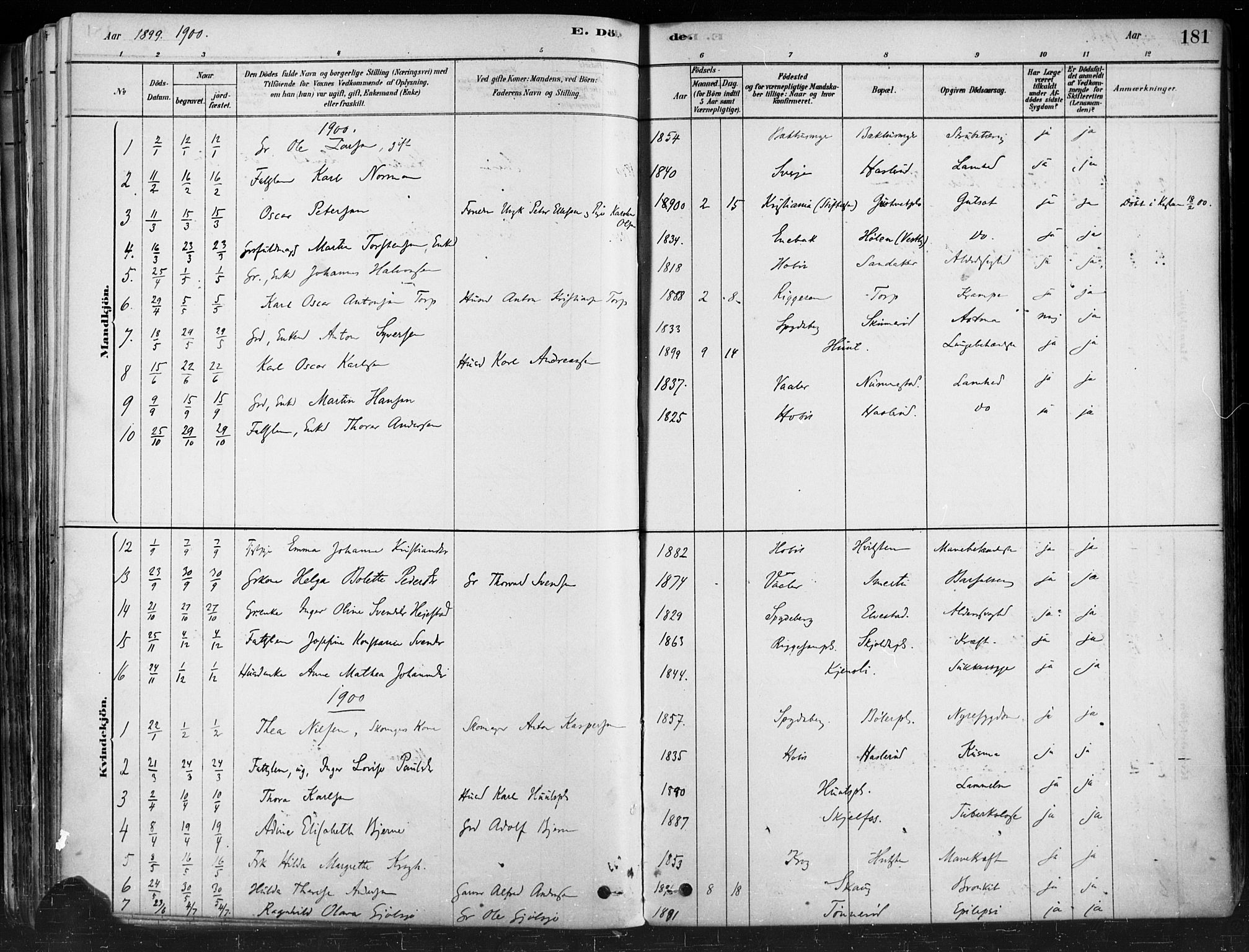 Hobøl prestekontor Kirkebøker, AV/SAO-A-2002/F/Fa/L0005: Parish register (official) no. I 5, 1878-1904, p. 181