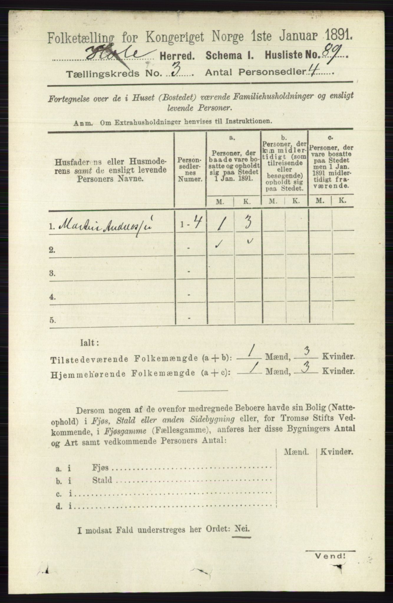 RA, 1891 census for 0612 Hole, 1891, p. 1207