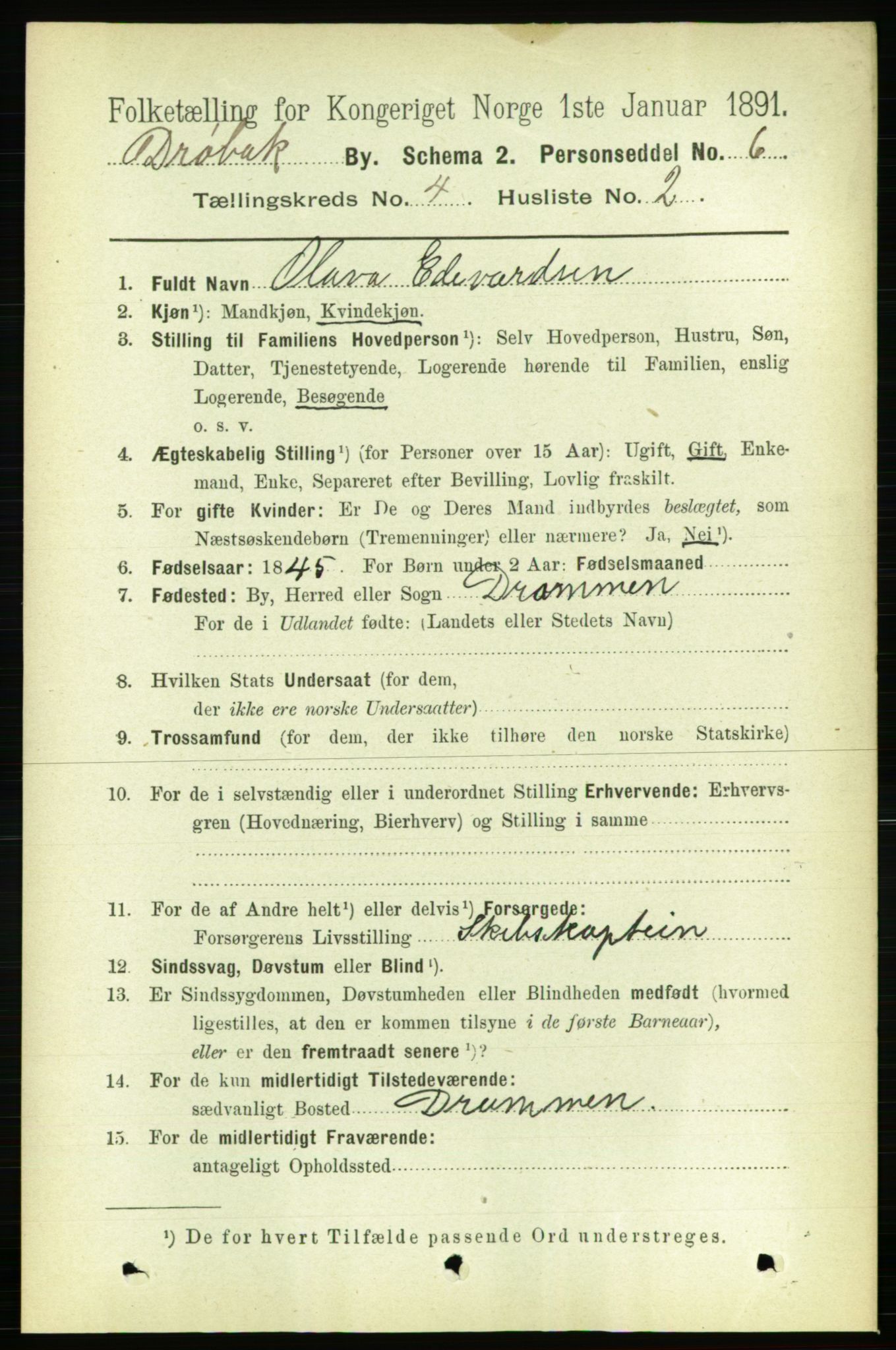 RA, 1891 census for 0203 Drøbak, 1891, p. 2536