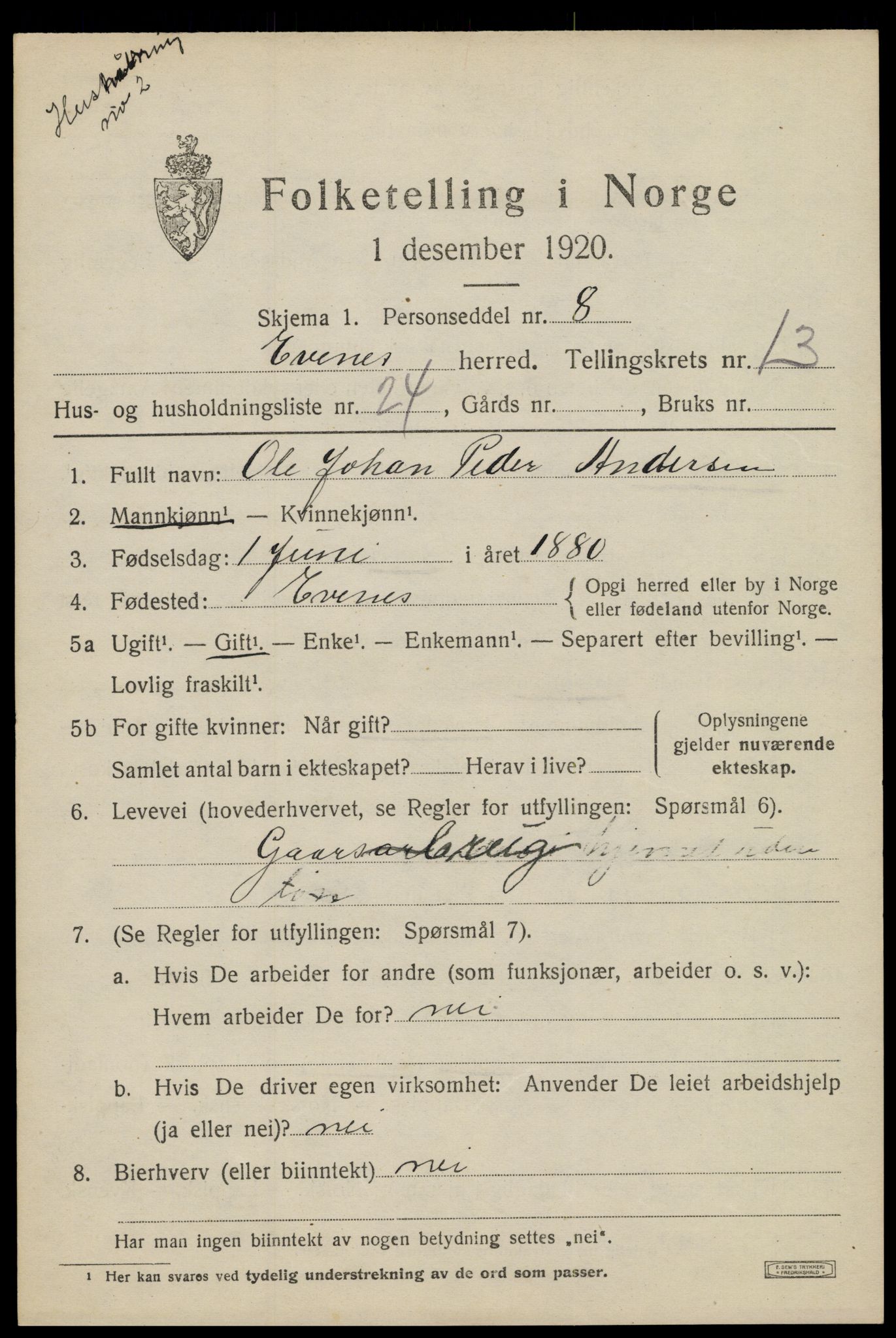 SAT, 1920 census for Evenes, 1920, p. 12190