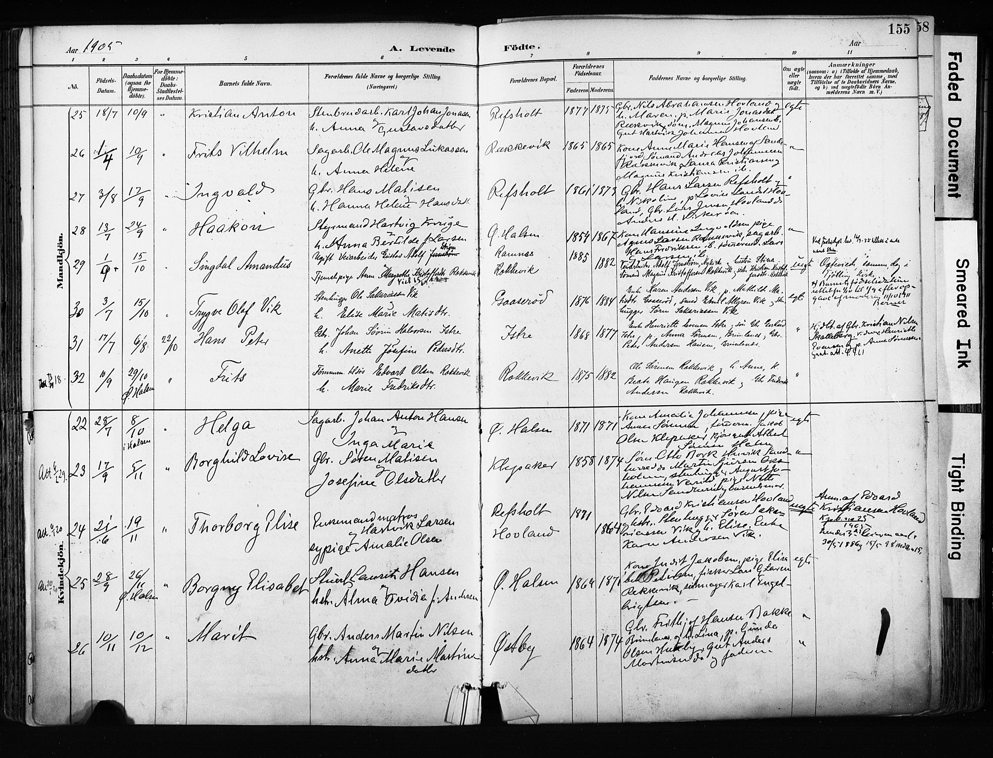 Tjølling kirkebøker, SAKO/A-60/F/Fa/L0009: Parish register (official) no. 9, 1887-1905, p. 155