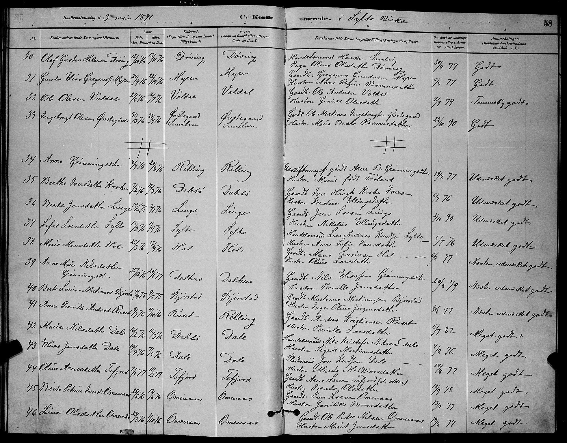 Ministerialprotokoller, klokkerbøker og fødselsregistre - Møre og Romsdal, AV/SAT-A-1454/519/L0263: Parish register (copy) no. 519C04, 1885-1892, p. 58