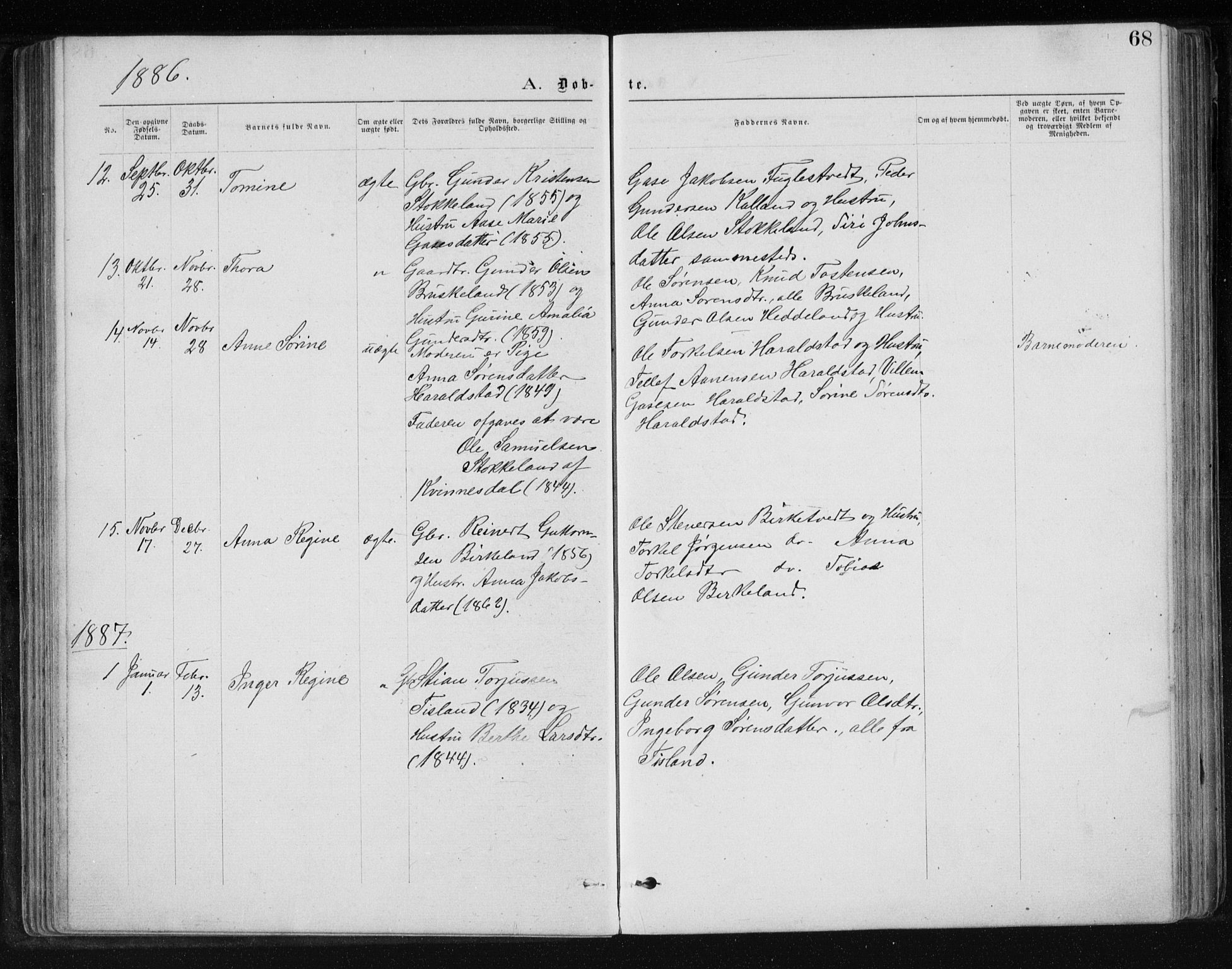 Holum sokneprestkontor, SAK/1111-0022/F/Fb/Fbb/L0003: Parish register (copy) no. B 3, 1875-1898, p. 68