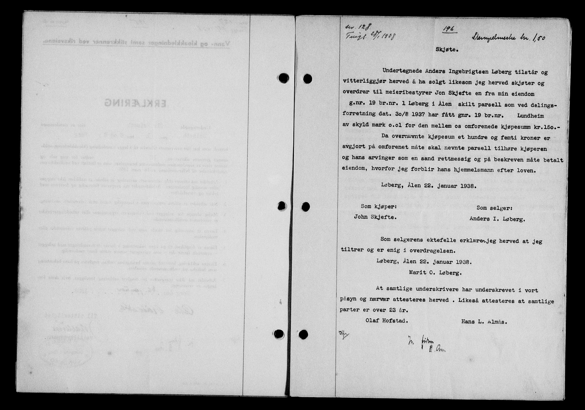 Gauldal sorenskriveri, SAT/A-0014/1/2/2C/L0048: Mortgage book no. 51-52, 1937-1938, p. 196, Diary no: : 128/1938