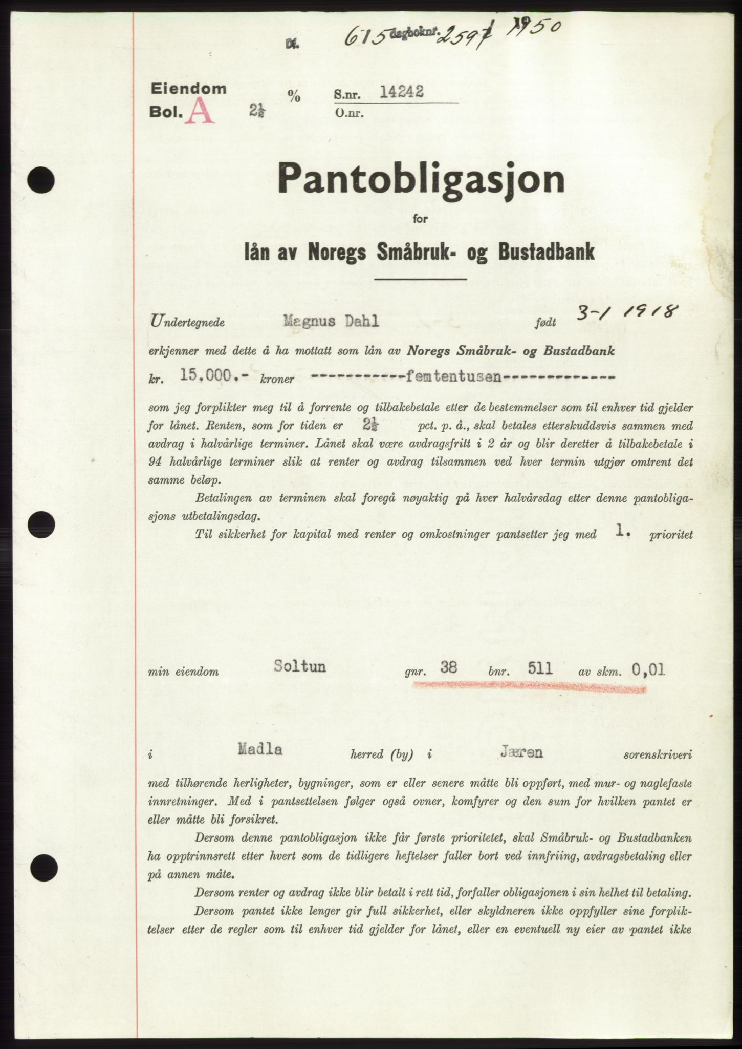 Jæren sorenskriveri, SAST/A-100310/03/G/Gba/L0107: Mortgage book, 1950-1950, Diary no: : 2597/1950