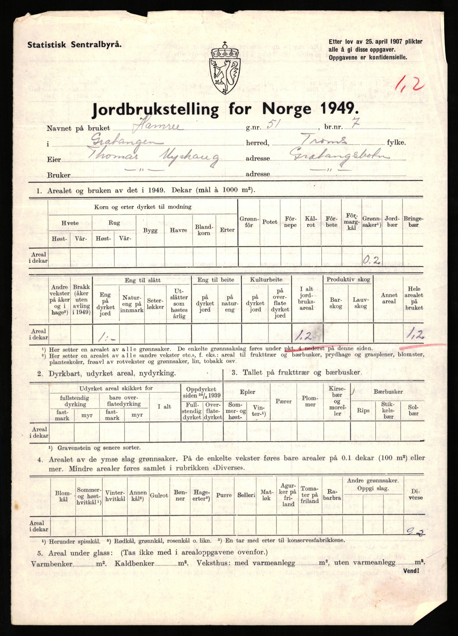 Statistisk sentralbyrå, Næringsøkonomiske emner, Jordbruk, skogbruk, jakt, fiske og fangst, AV/RA-S-2234/G/Gc/L0437: Troms: Gratangen og Lavangen, 1949, p. 610