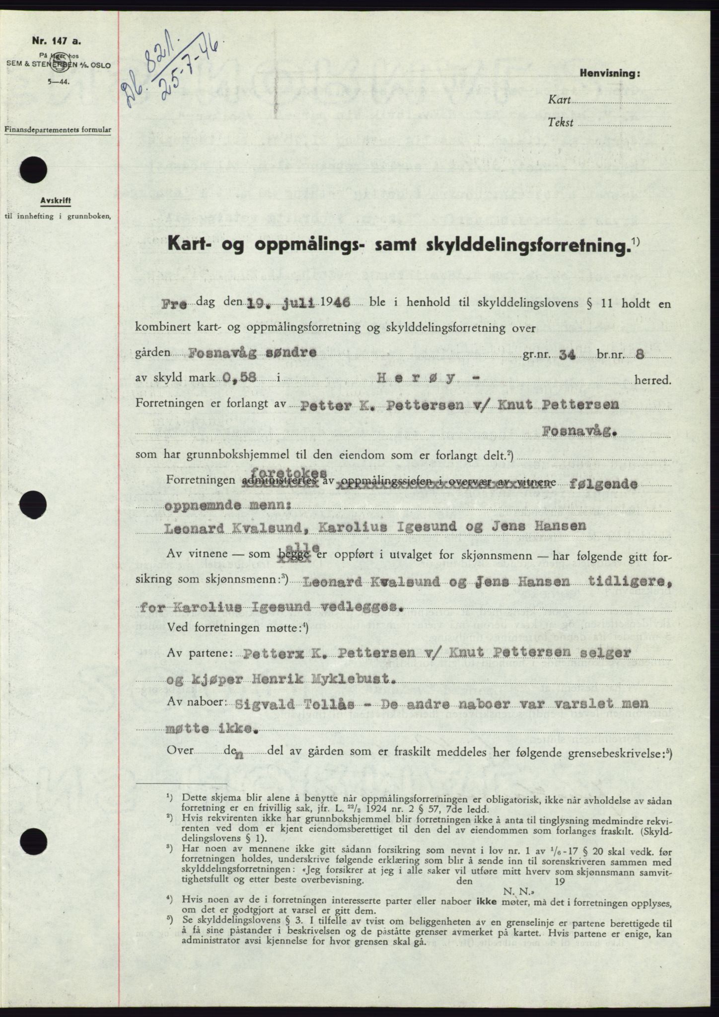 Søre Sunnmøre sorenskriveri, AV/SAT-A-4122/1/2/2C/L0078: Mortgage book no. 4A, 1946-1946, Diary no: : 821/1946