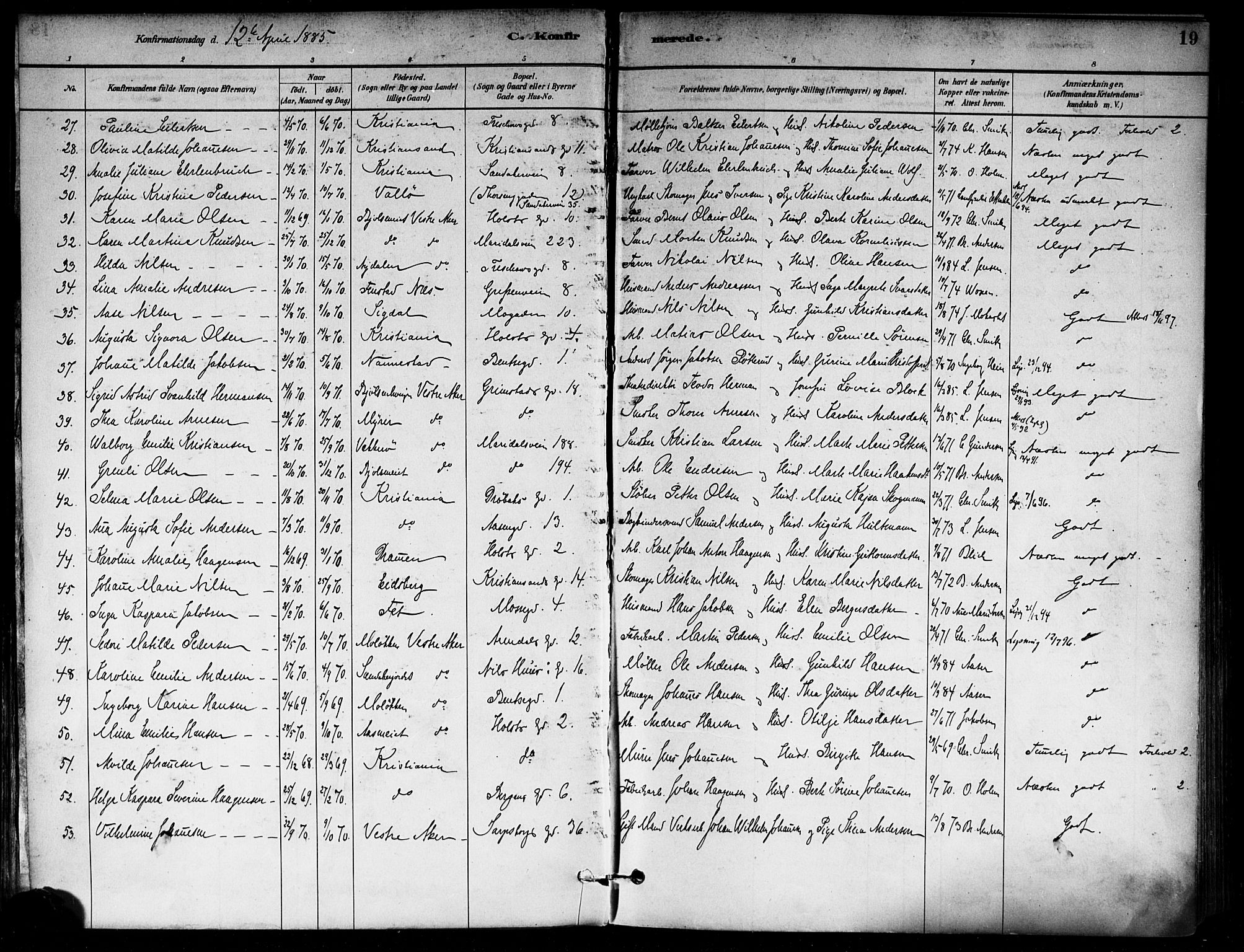 Sagene prestekontor Kirkebøker, SAO/A-10796/F/L0002: Parish register (official) no. 2, 1880-1897, p. 19