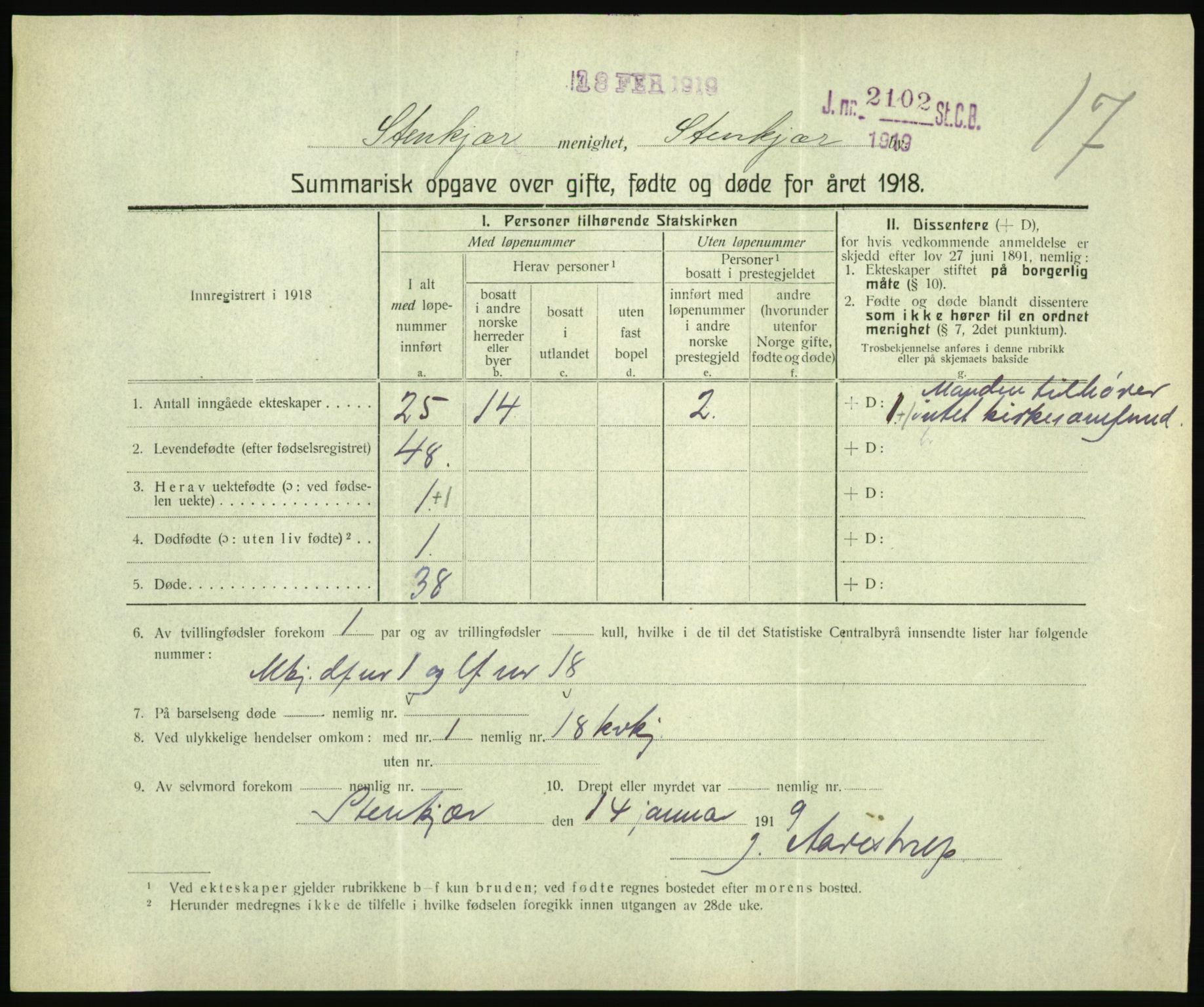 Statistisk sentralbyrå, Sosiodemografiske emner, Befolkning, RA/S-2228/D/Df/Dfb/Dfbh/L0059: Summariske oppgaver over gifte, fødte og døde for hele landet., 1918, p. 1459