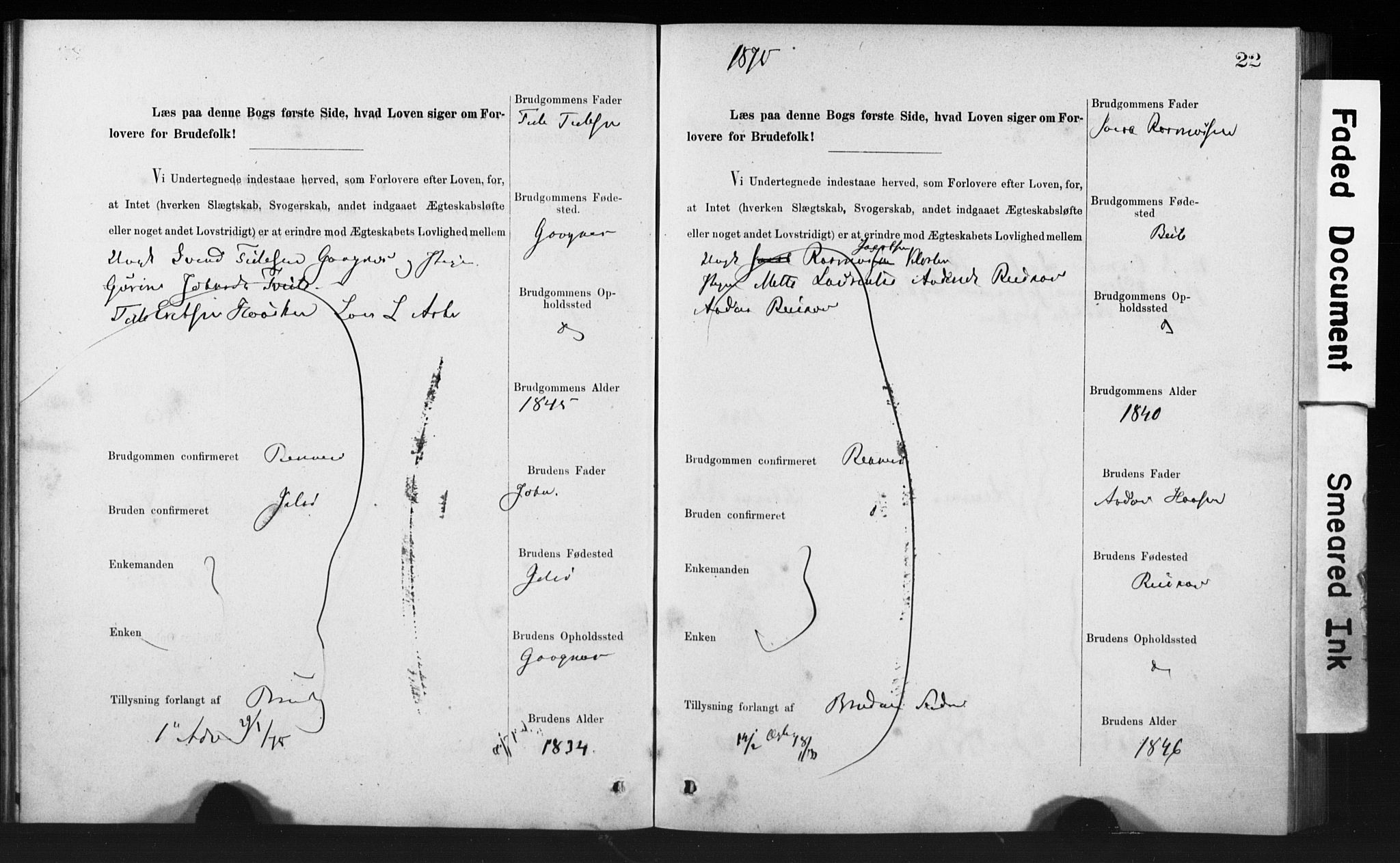 Rennesøy sokneprestkontor, AV/SAST-A -101827/I/Ie/L0001: Banns register no. 1, 1873-1898, p. 22