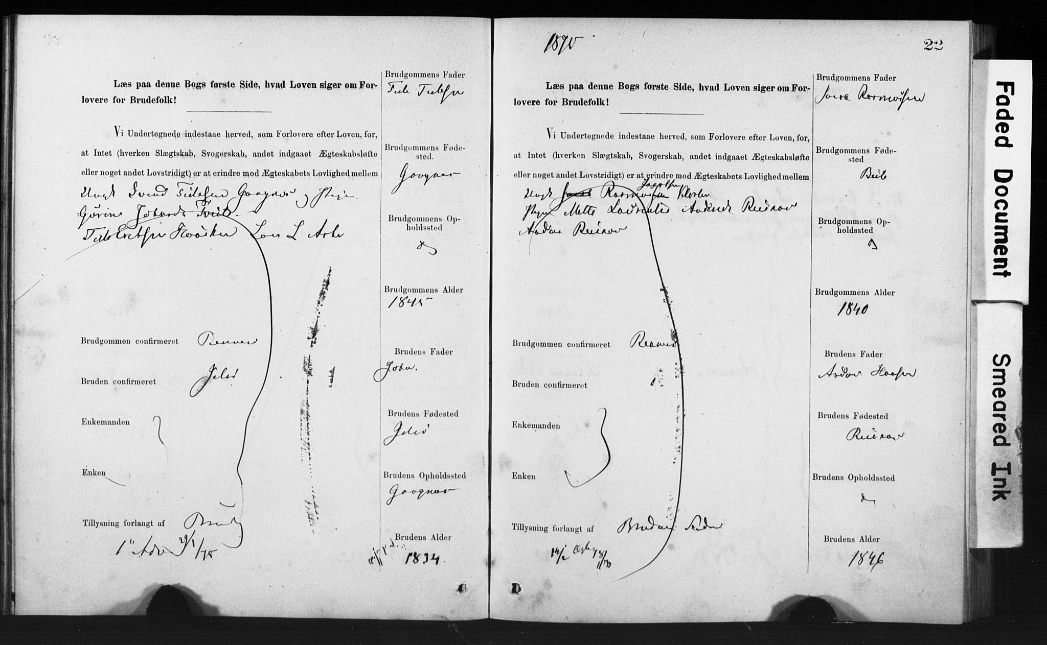 Rennesøy sokneprestkontor, SAST/A -101827/I/Ie/L0001: Banns register no. 1, 1873-1898, p. 22