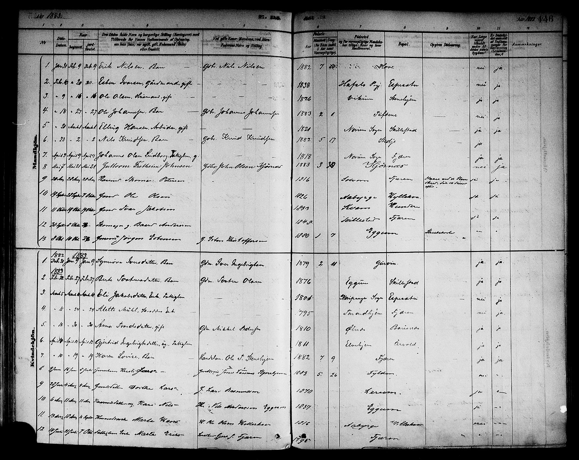 Sogndal sokneprestembete, SAB/A-81301/H/Haa/Haab/L0001: Parish register (official) no. B 1, 1878-1899, p. 146