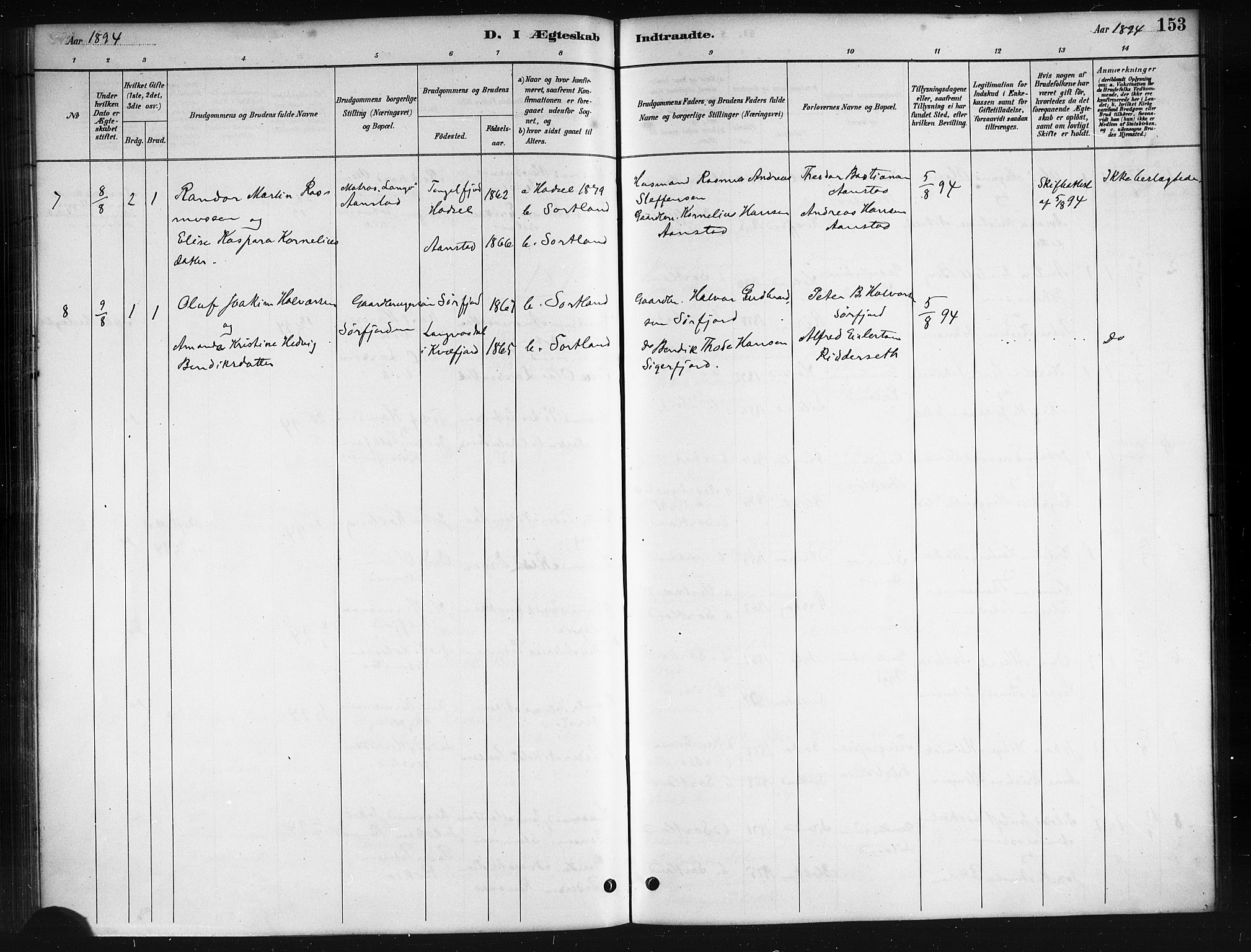 Ministerialprotokoller, klokkerbøker og fødselsregistre - Nordland, AV/SAT-A-1459/895/L1382: Parish register (copy) no. 895C04, 1885-1896, p. 153