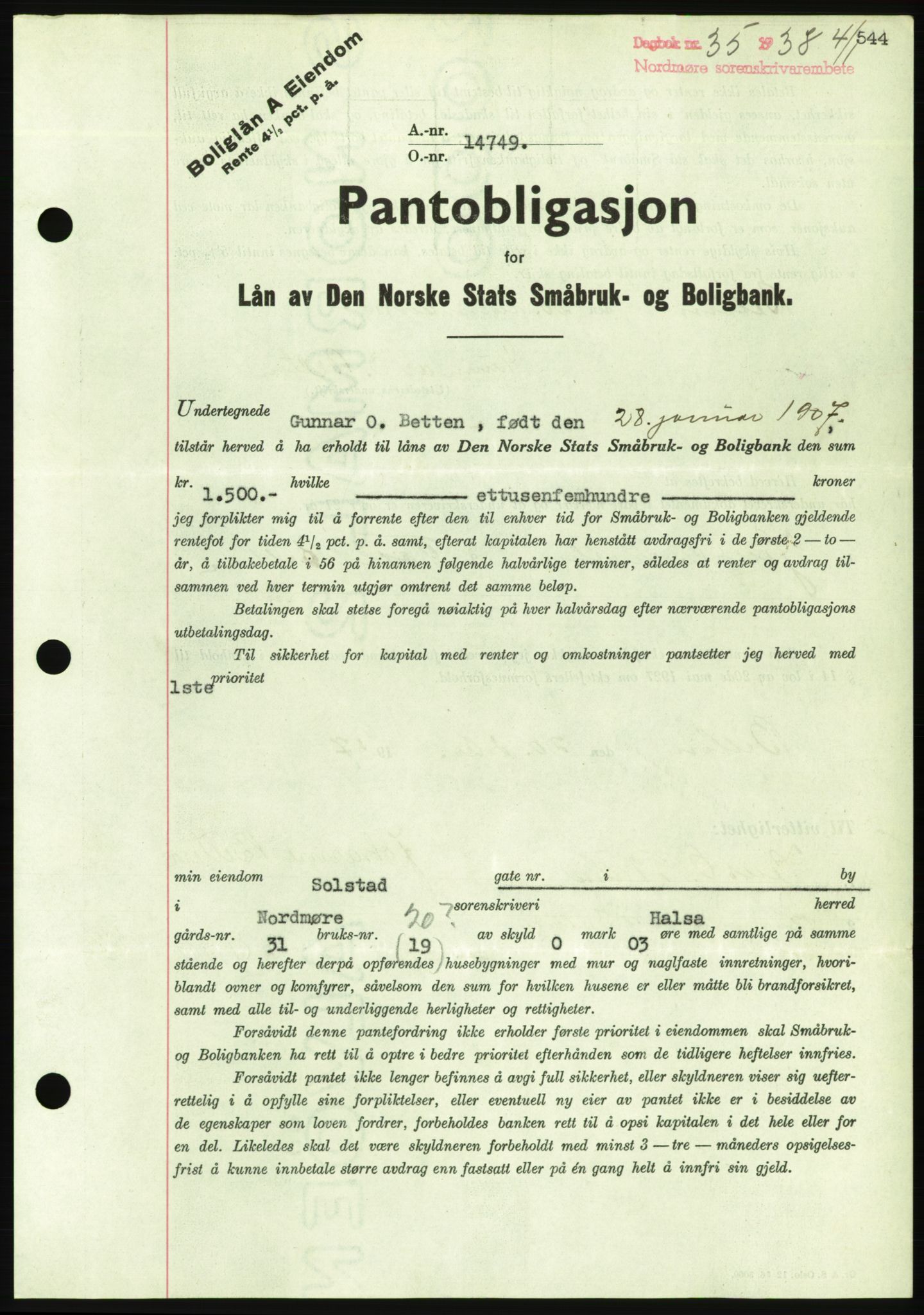 Nordmøre sorenskriveri, AV/SAT-A-4132/1/2/2Ca/L0092: Mortgage book no. B82, 1937-1938, Diary no: : 35/1938