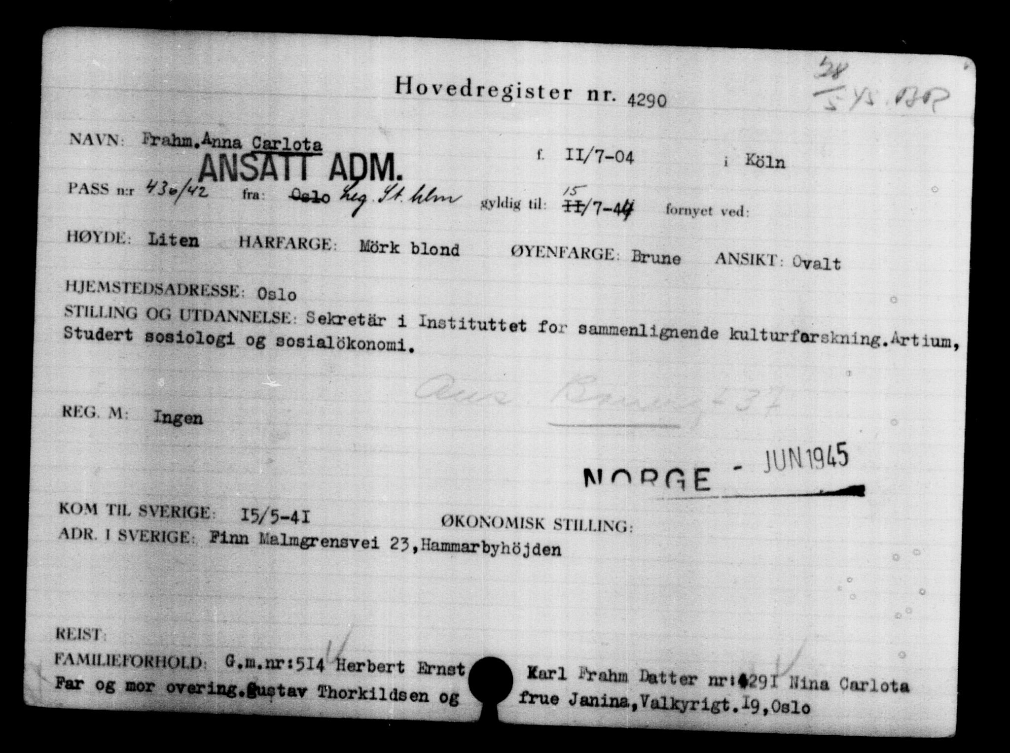 Den Kgl. Norske Legasjons Flyktningskontor, RA/S-6753/V/Va/L0004: Kjesäterkartoteket.  Flyktningenr. 3496-6610, 1940-1945, p. 962