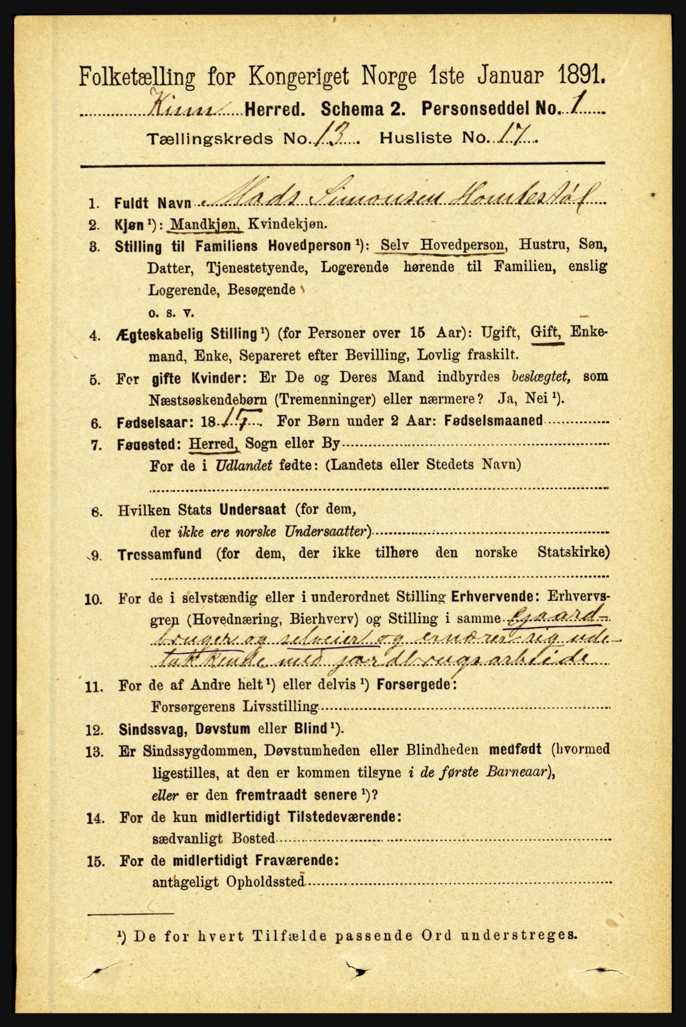 RA, 1891 census for 1437 Kinn, 1891, p. 5180