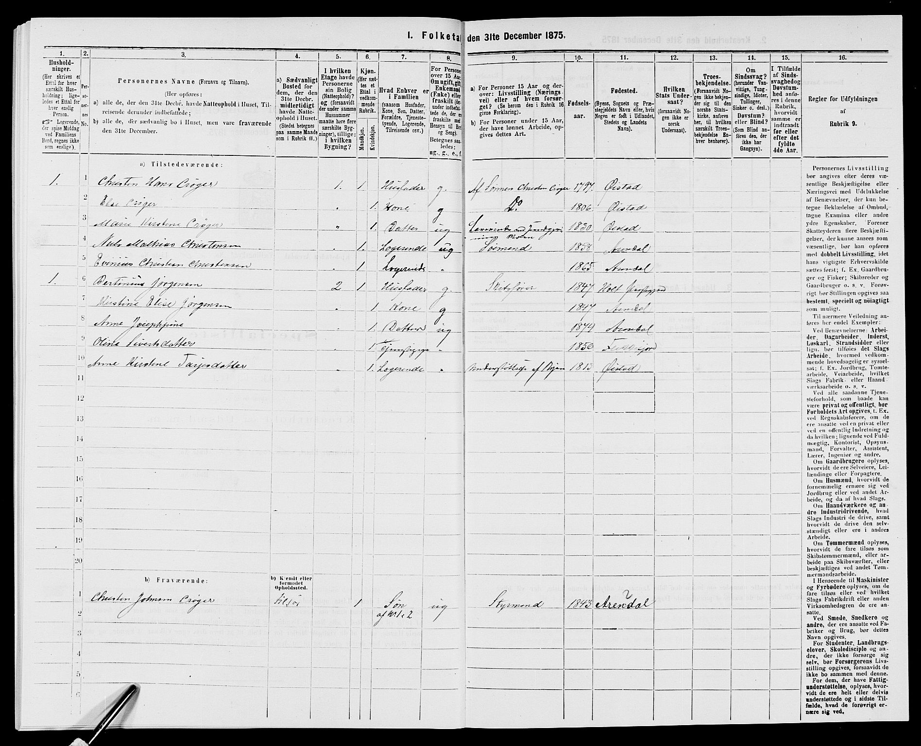 SAK, 1875 census for 0903P Arendal, 1875, p. 822