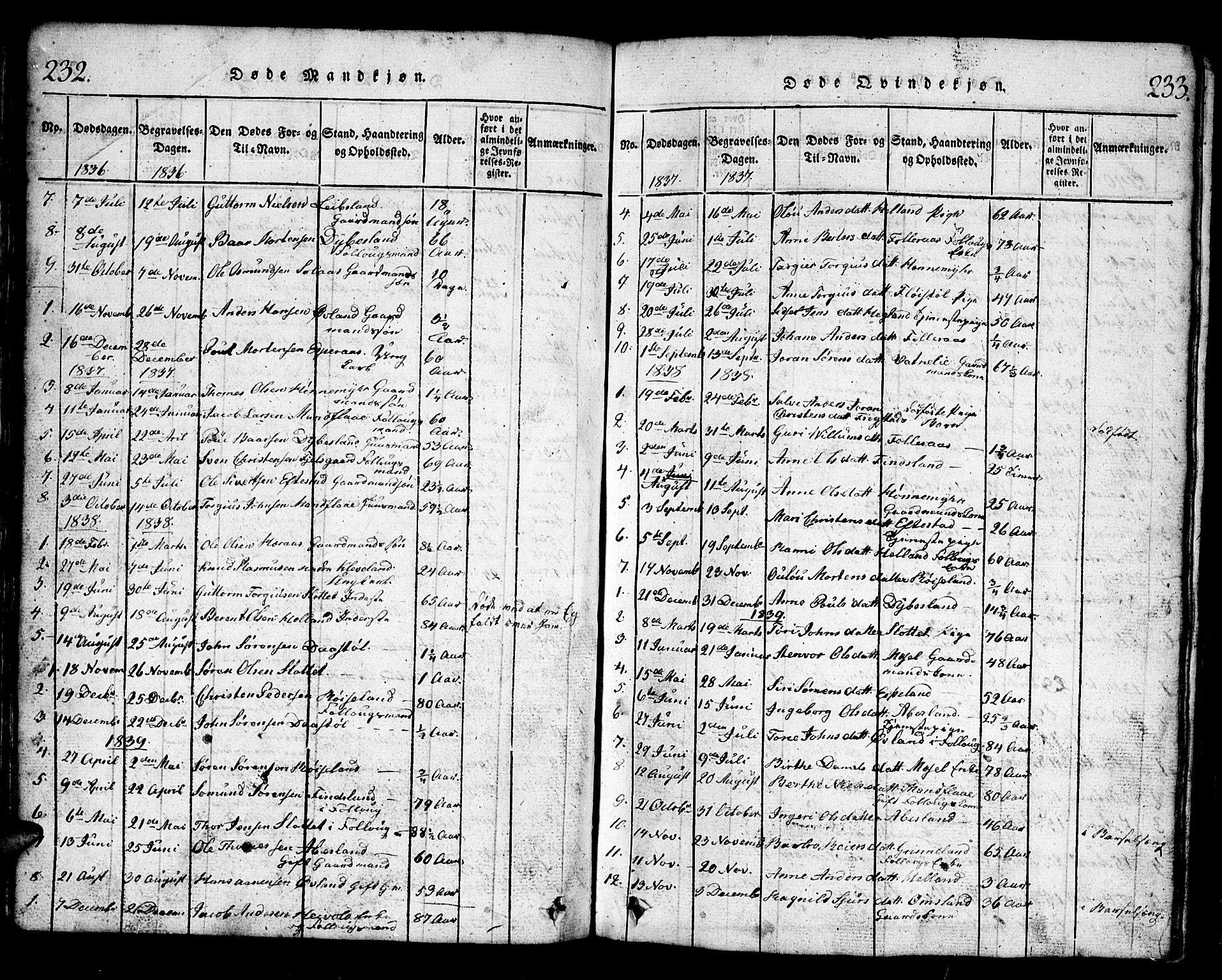 Bjelland sokneprestkontor, AV/SAK-1111-0005/F/Fb/Fbb/L0003: Parish register (copy) no. B 3, 1816-1868, p. 232-233