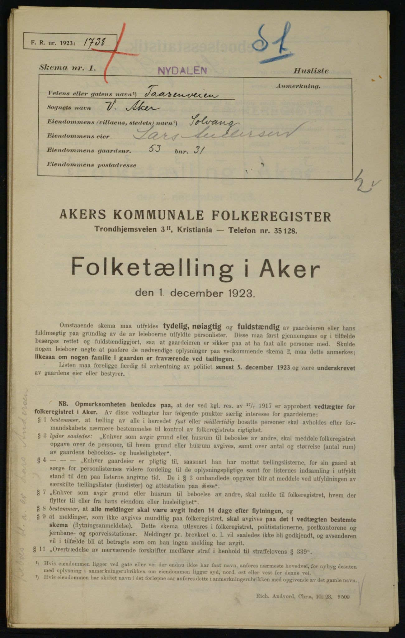 , Municipal Census 1923 for Aker, 1923, p. 18979