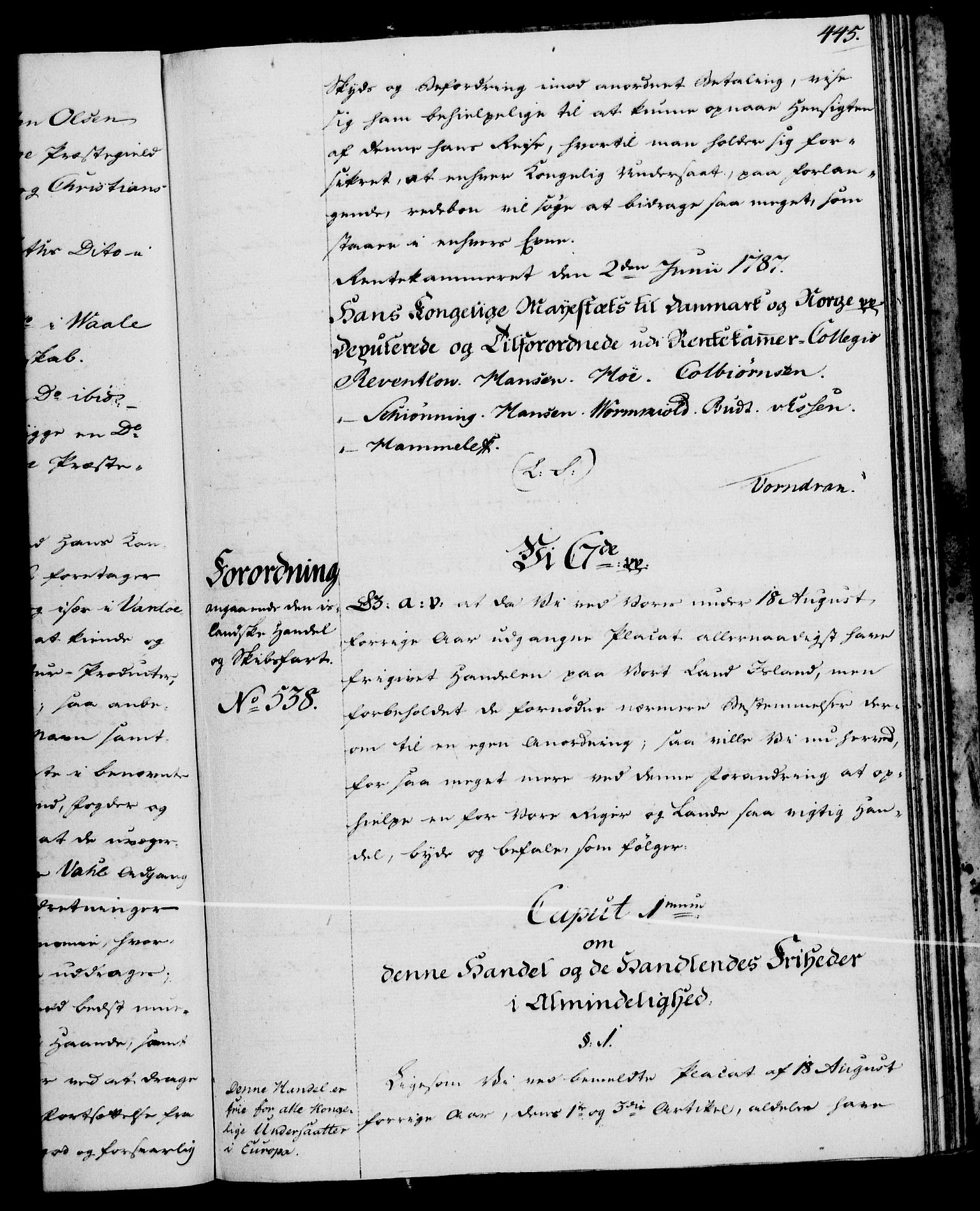 Rentekammeret, Kammerkanselliet, RA/EA-3111/G/Gg/Gga/L0013: Norsk ekspedisjonsprotokoll med register (merket RK 53.13), 1784-1787, p. 445