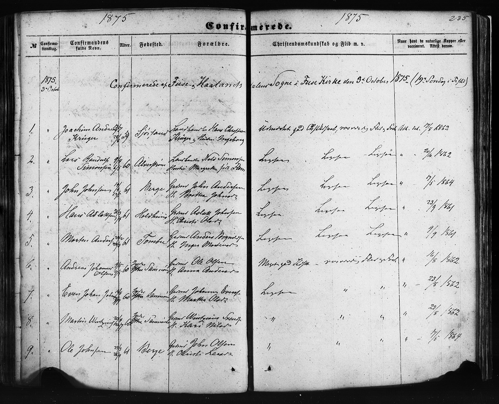 Fusa sokneprestembete, AV/SAB-A-75401/H/Haa: Parish register (official) no. A 1I, 1855-1879, p. 235