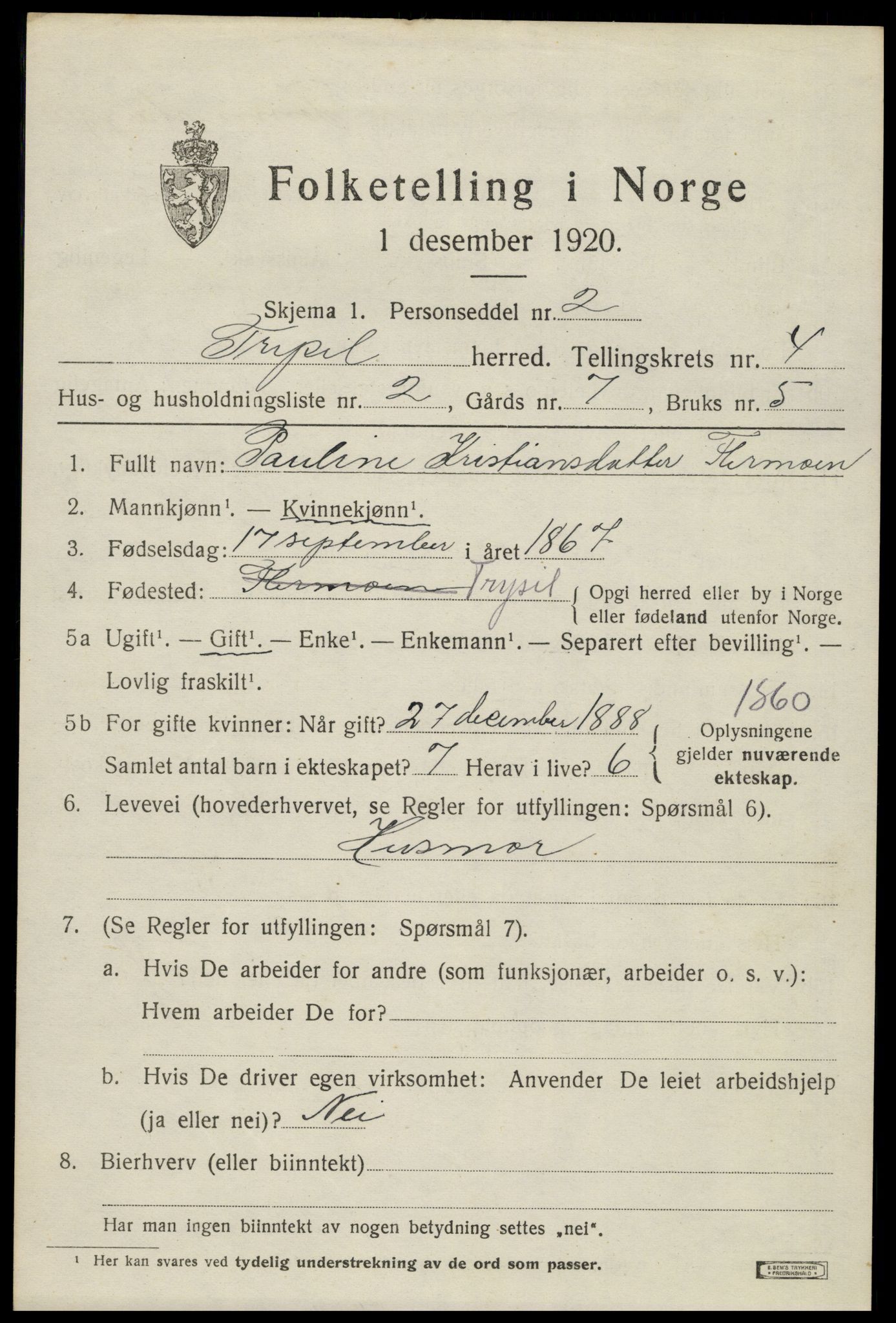 SAH, 1920 census for Trysil, 1920, p. 4091