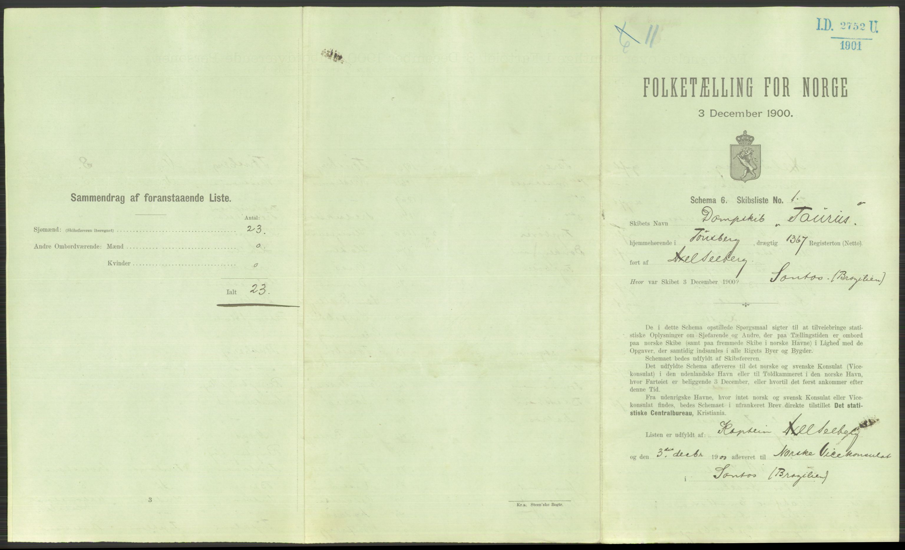 RA, 1900 Census - ship lists from ships in Norwegian harbours, harbours abroad and at sea, 1900, p. 4953