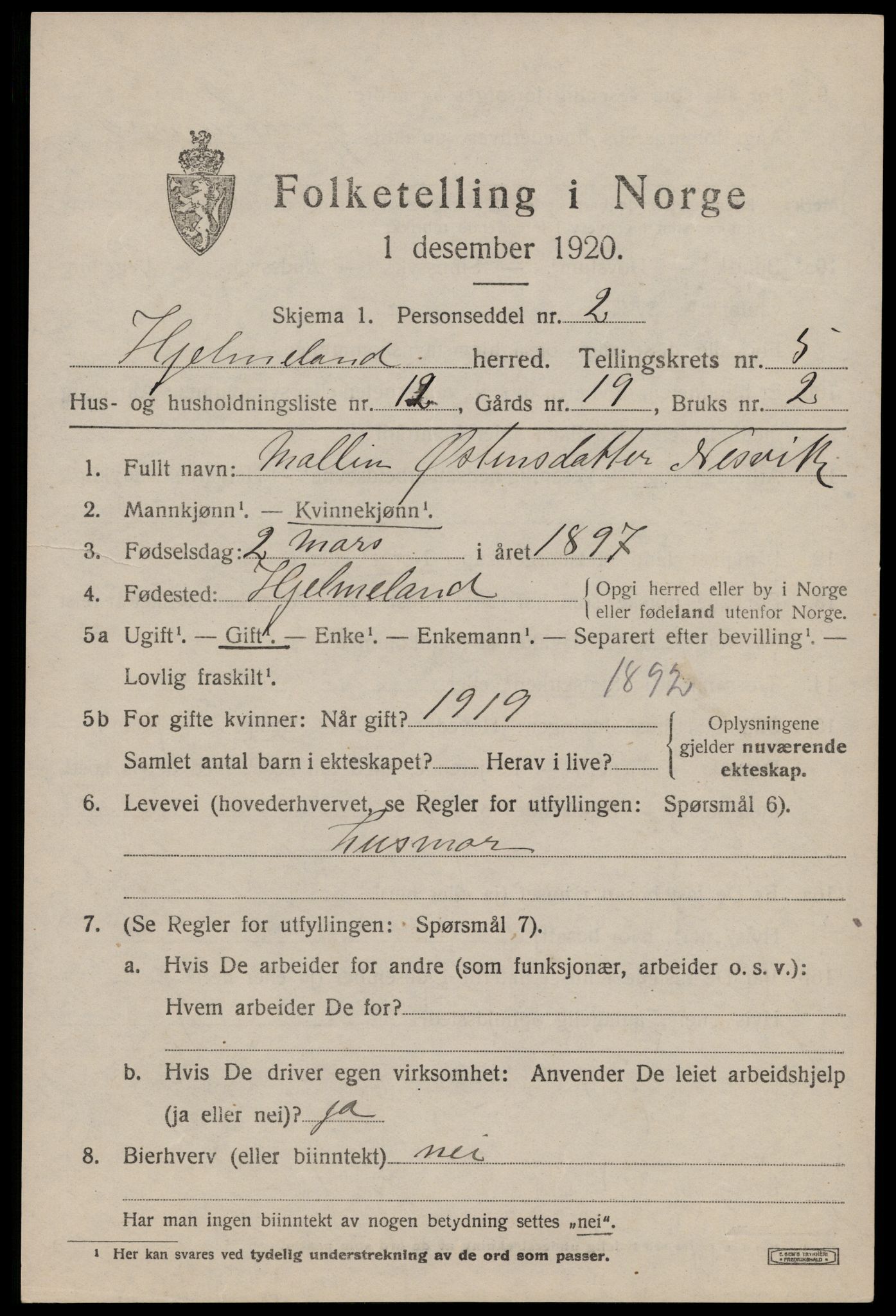 SAST, 1920 census for Hjelmeland, 1920, p. 1957