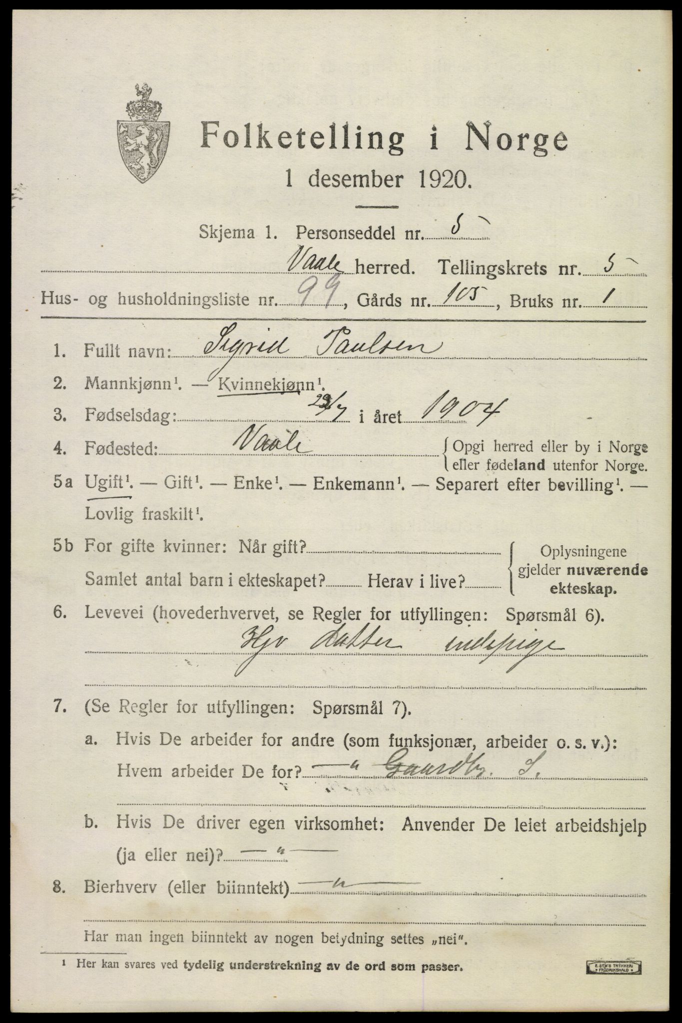 SAKO, 1920 census for Våle, 1920, p. 4798