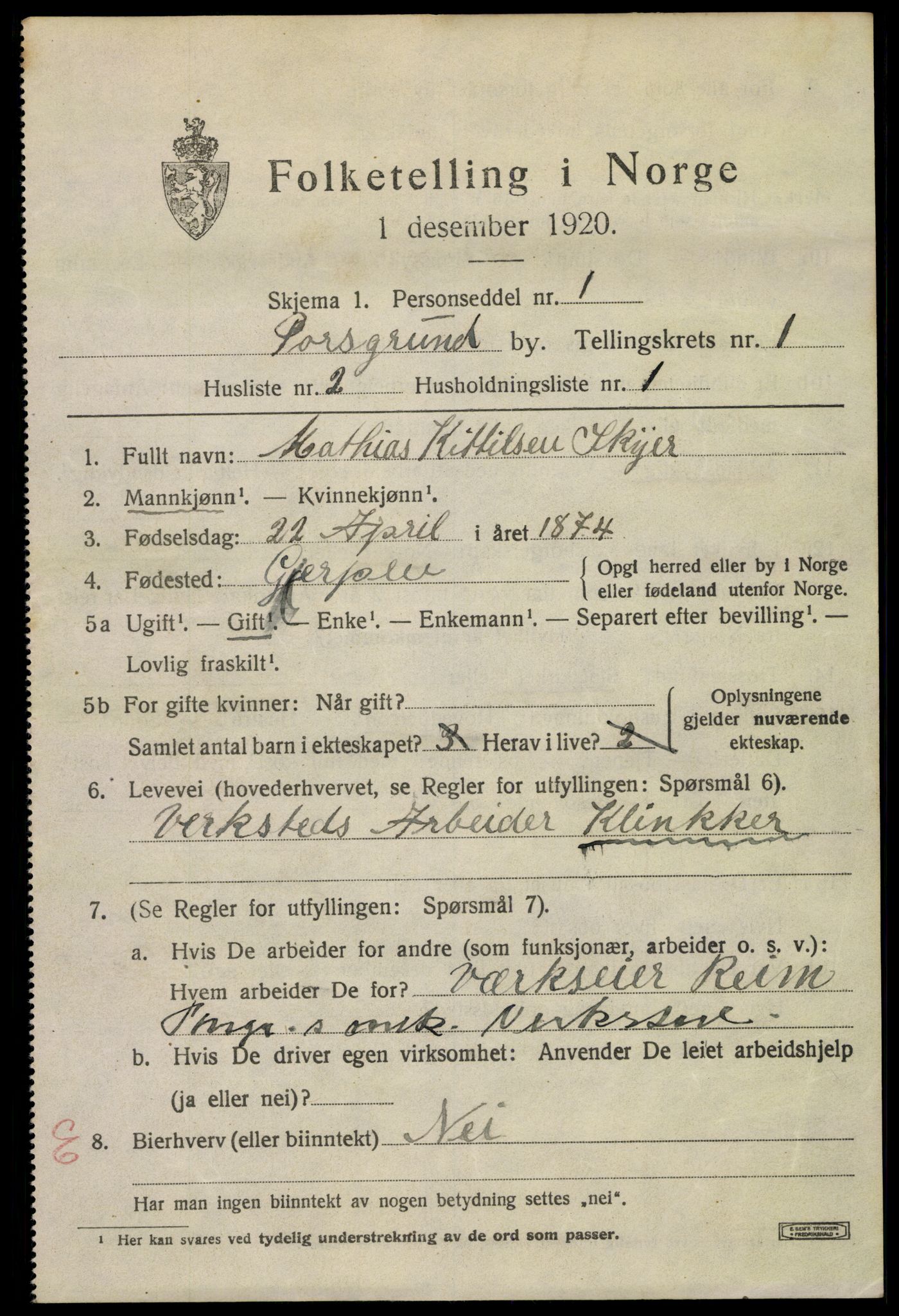SAKO, 1920 census for Porsgrunn, 1920, p. 7117