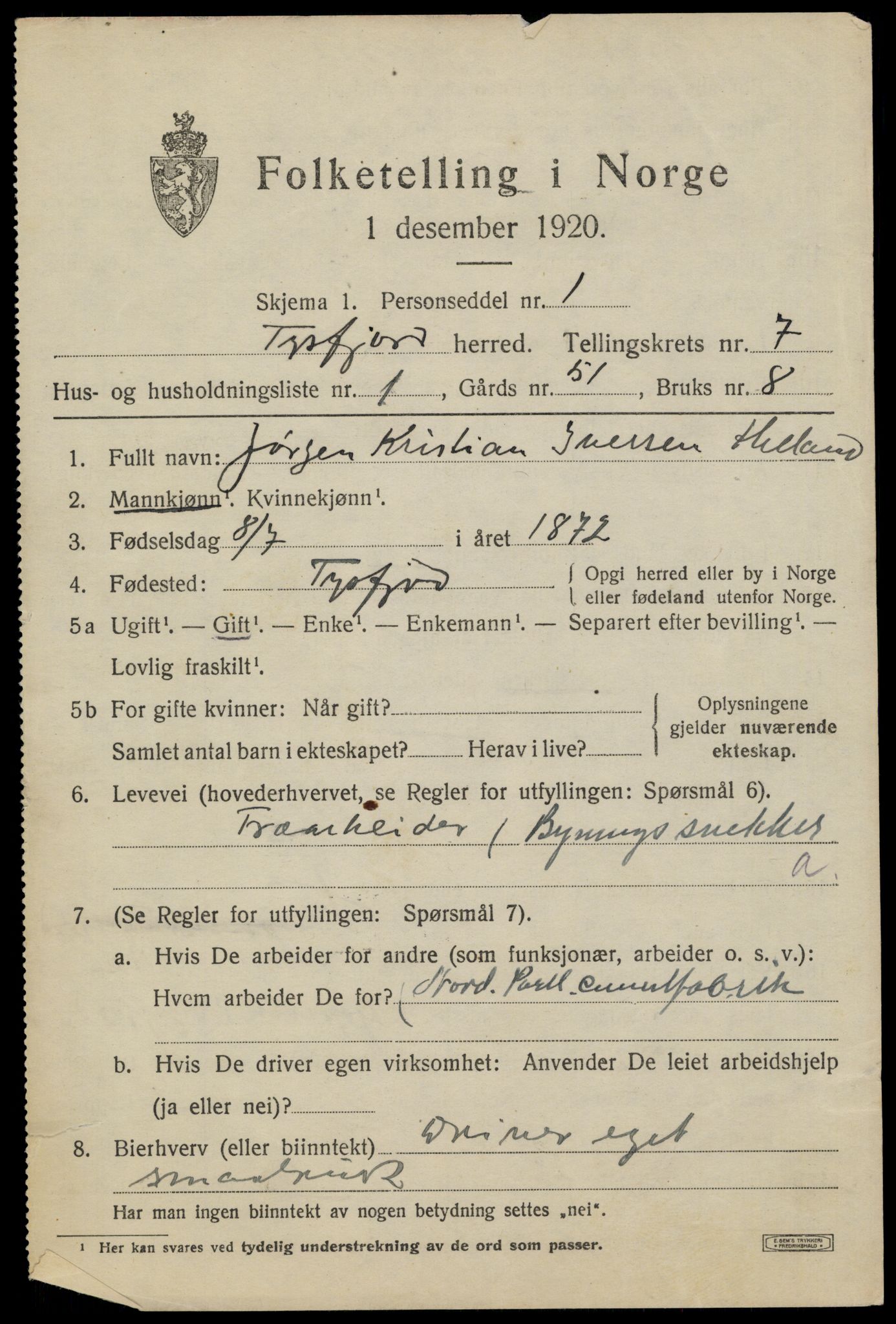 SAT, 1920 census for Tysfjord, 1920, p. 5145